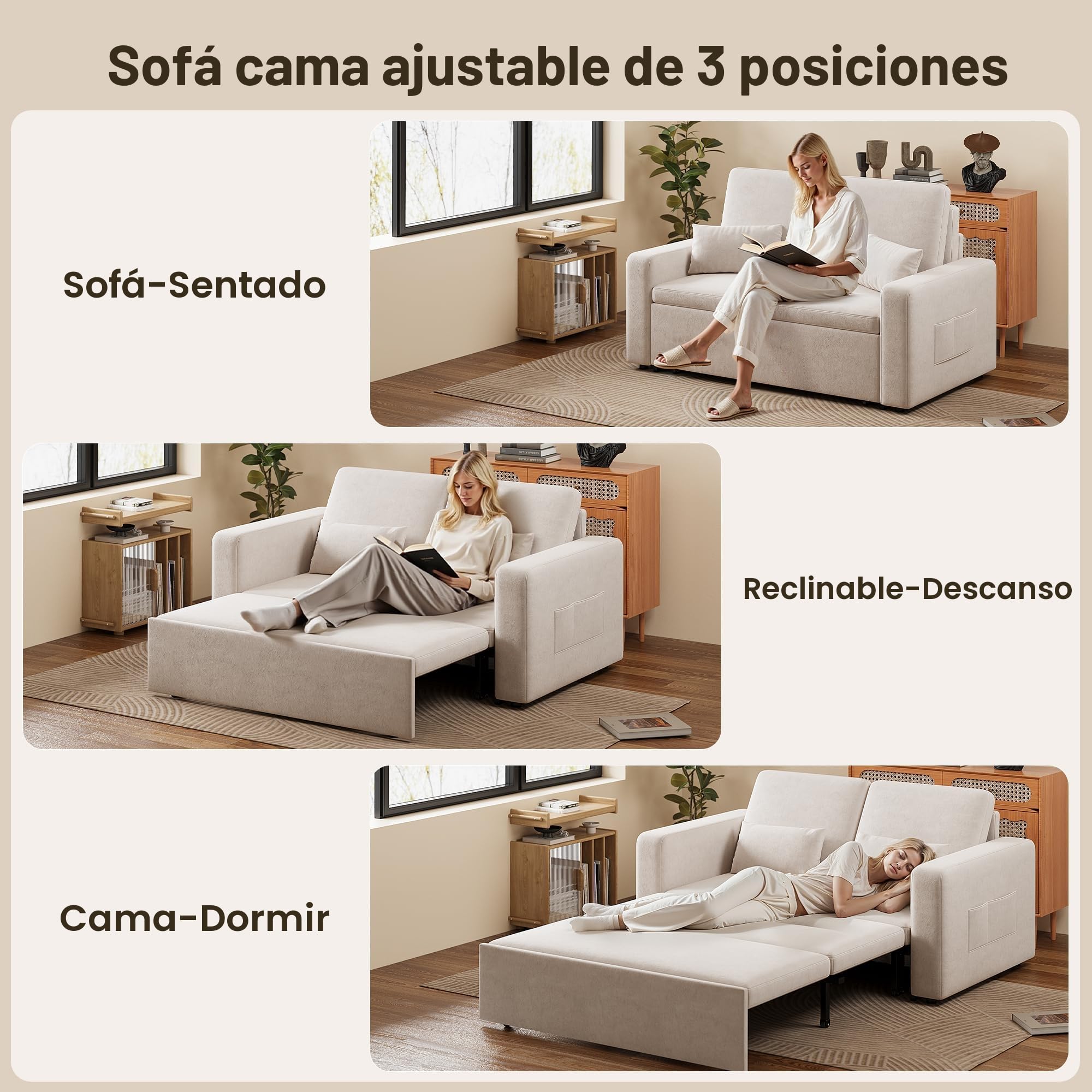 Xbro Sofa Cama 2 Plazas, Sillón Convertible 3 en 1 con Cama, Dos Bolsillos de Almacenamiento, Tapizado en Terciopelo, 147 x 196 x 87cm, Incluye Dos Cojines,Beige