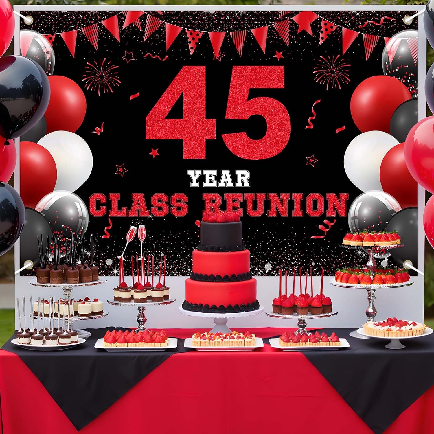 5x3ft 45 Year Class Reunion Backdrop - Red and Black 45th School Class Reunion Decorations, Photography Background for Primary High School University Welcome Back