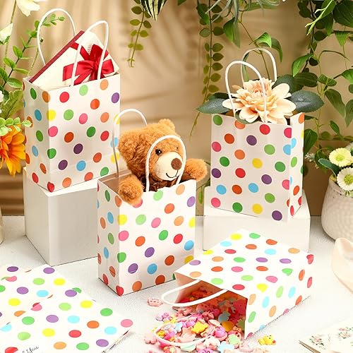 Miniatura 2 de Tenceur 100 bolsas de regalo pequeñas, 4.7 x 2.4 x 5.9 pulgadas, bolsas de papel kraft con diseño de lunares arcoíris con asas, bolsas de regalo