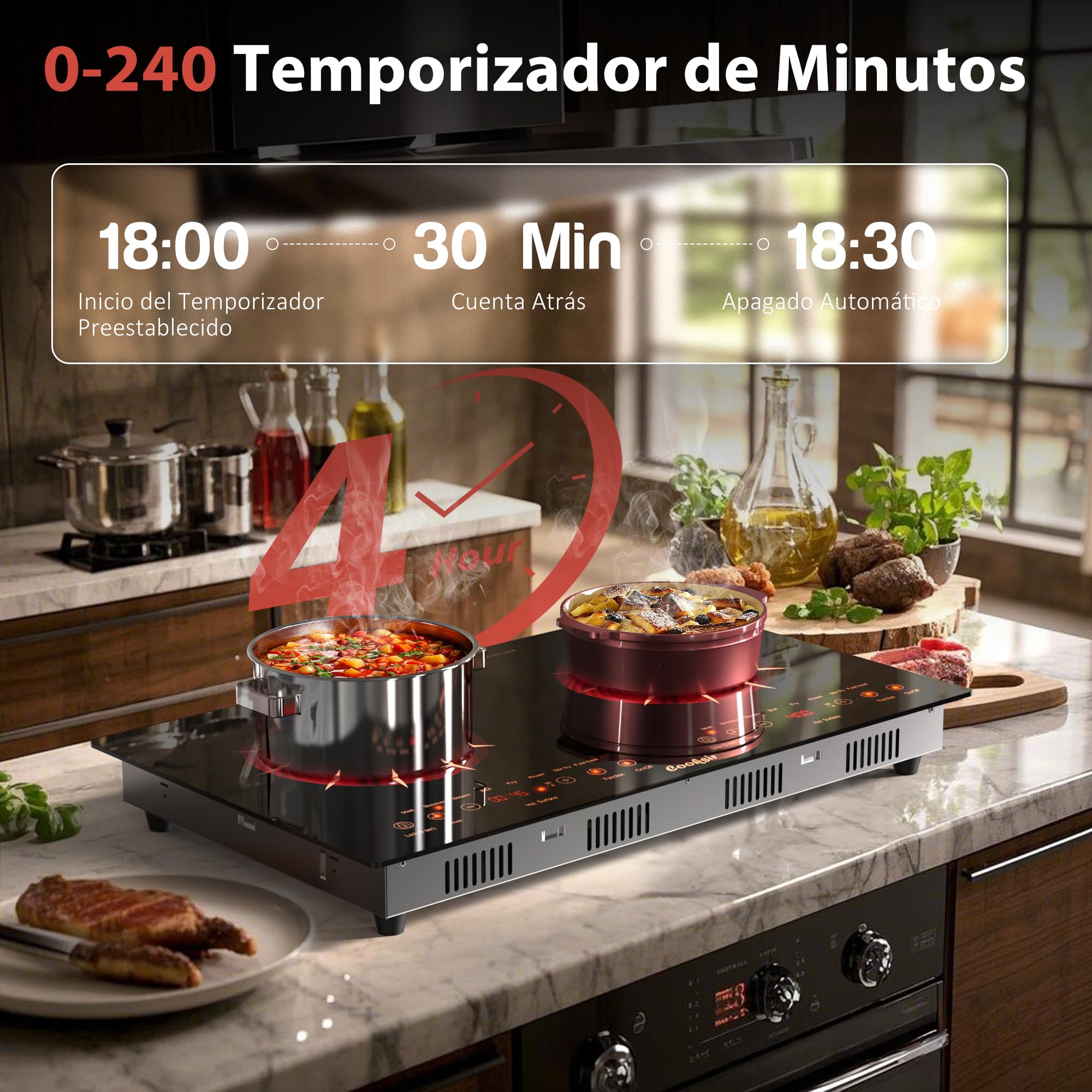 Placa Vitrocerámica de 2 Fuegos Portatil, 60 cm Para Empotrar o Móvil | Cooksir Vitroceramica, Autónoma, Tacto Horizontal Independiente, Bloqueo de Seguridad, 220 V ~ 240 V, 3600 W, con Enchufe