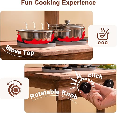 Vista 7 de ROBUD Cocina de barro para niños al aire libre, cocina de madera al aire libre, cocina de barro para niños con fregadero y grifo extraíbles, Marrón