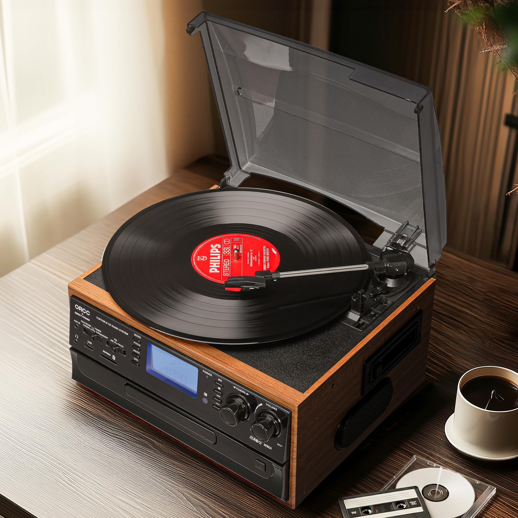 ORCC Tocadiscos Bluetooth 10 en 1 para discos de vinilo con altavoz, casete de CD de vinilo AUX a MP3 USB/SD codificación convertido, radio, conector de auriculares, RCA, control remoto