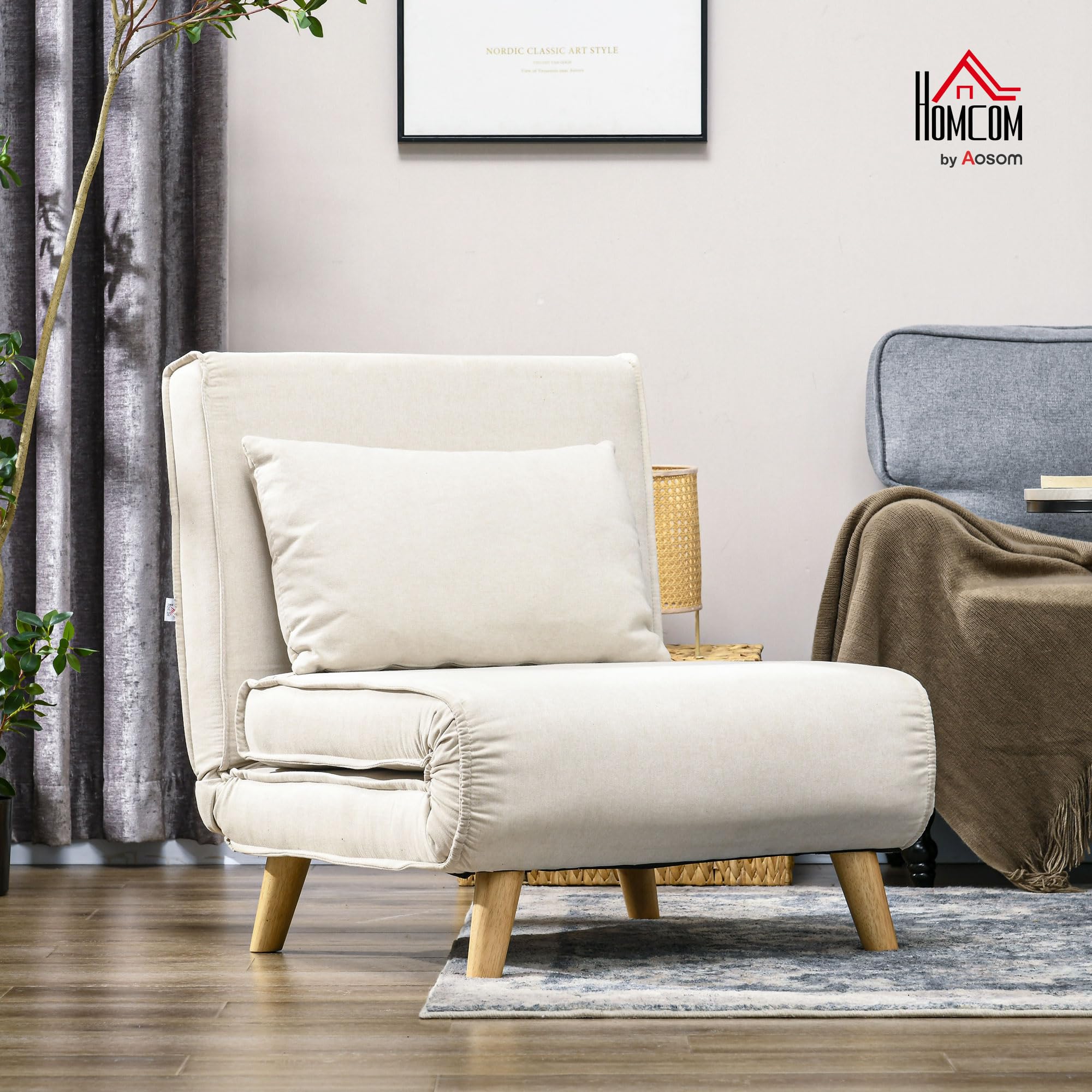 HOMCOM Poltrona Letto Singolo 2 in 1 Schienale Cuscino 72x78x79cm Beige