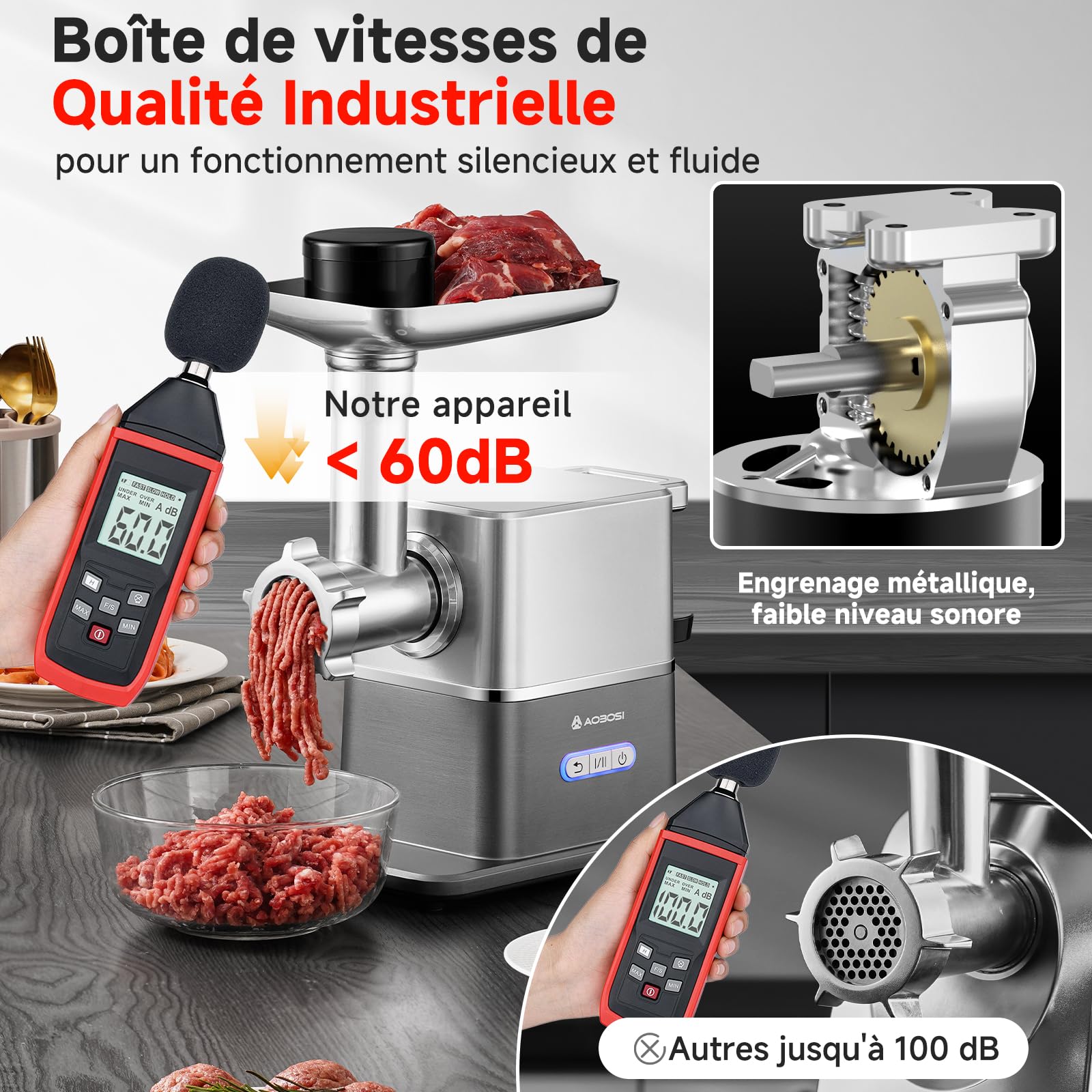 AAOBOSI Hachoir à Viande Électrique Silencieux, 3000 W Max Avec Moteur DC, Seulement 60 dB, Poussoir De Nourriture Rangement Intégré – Hachage, Fabrication De Saucisses & Kibbeh, Usage Domestique