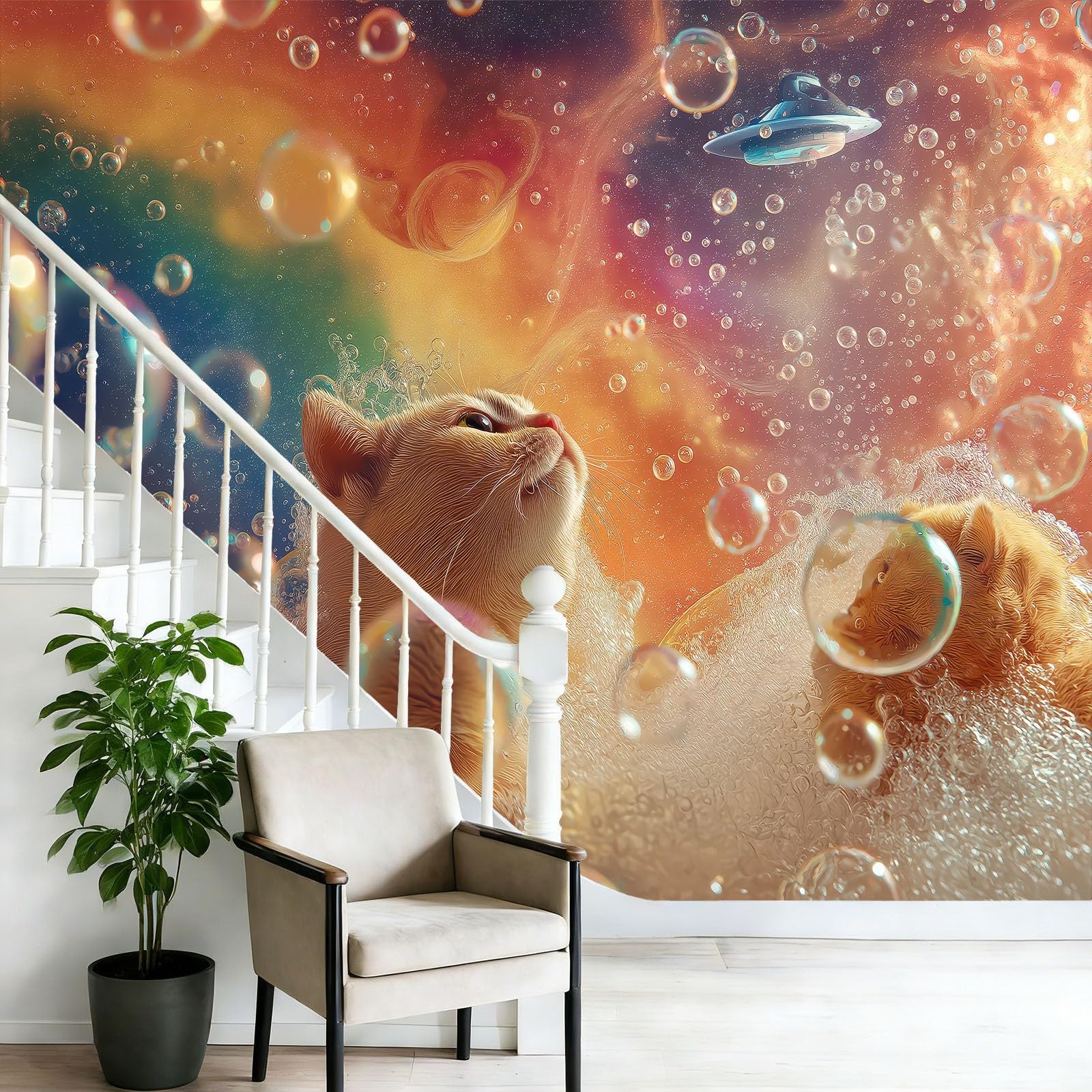 Tapeta z motywem 250 x 175 cm, zwierzęta, koty, bańki mydlane, tapeta z motywem do pokoju dziecięcego i kącika do majsterkowania, kolor