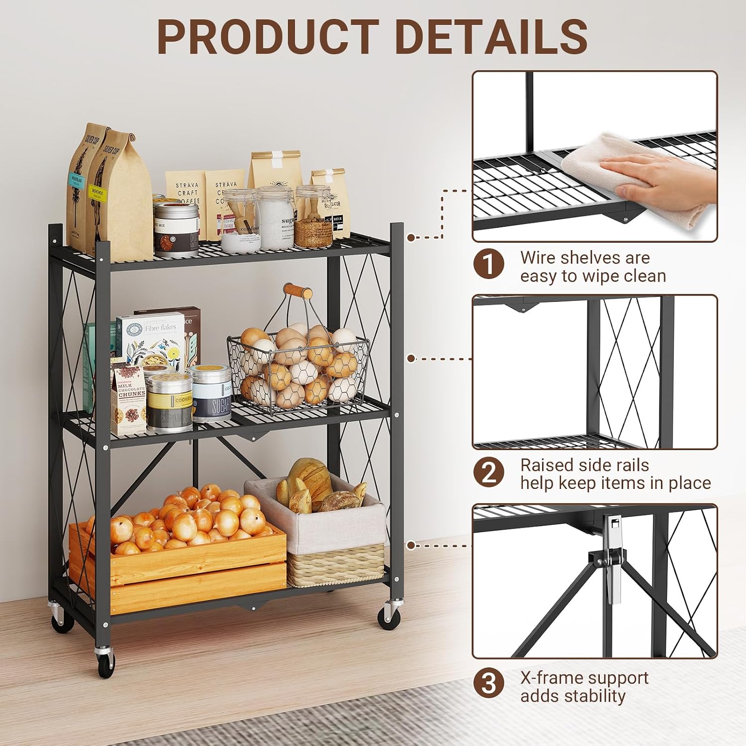 black leopard 3-Tier Foldable Metal Storage Shelf with Wheels, Black