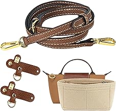 Adjustable Strap and Felt Organizer Compatible with Mini Longchamp Handbags, Perforation-Free Leather Strap with Multiple Pockets, Brown and Beige, 1/2"