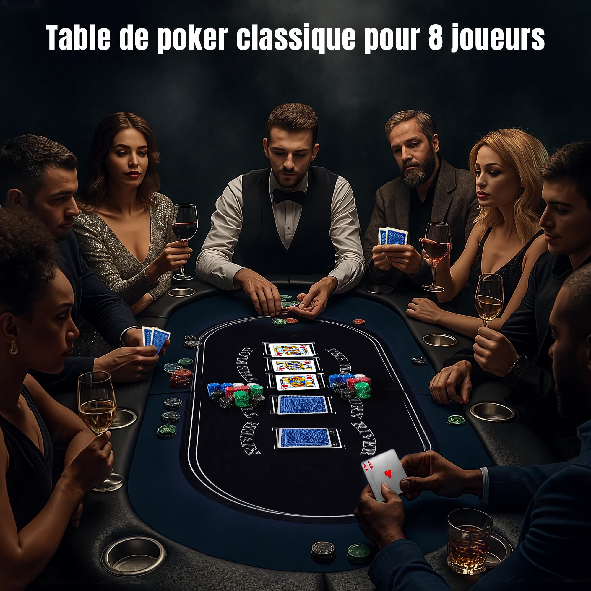 HLC Table de poker pliante pour 8 personnes - 180 cm, design professionnel de casino, rebord rembourré avec porte-gobelets profonds, idéale pour les parties à domicile, les fêtes et les soirées poker.