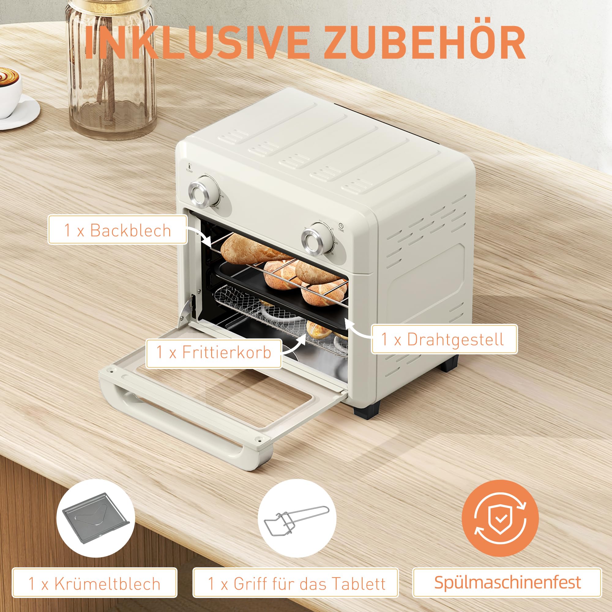HOMCOM Minihorno con convección 10L 2 en 1 Minihorno con rejilla para horno, bandeja de horno y bandeja recogemigas, 80 °C-230 °C freidora de aire caliente con temporizador, luz interior, 1000W, acero