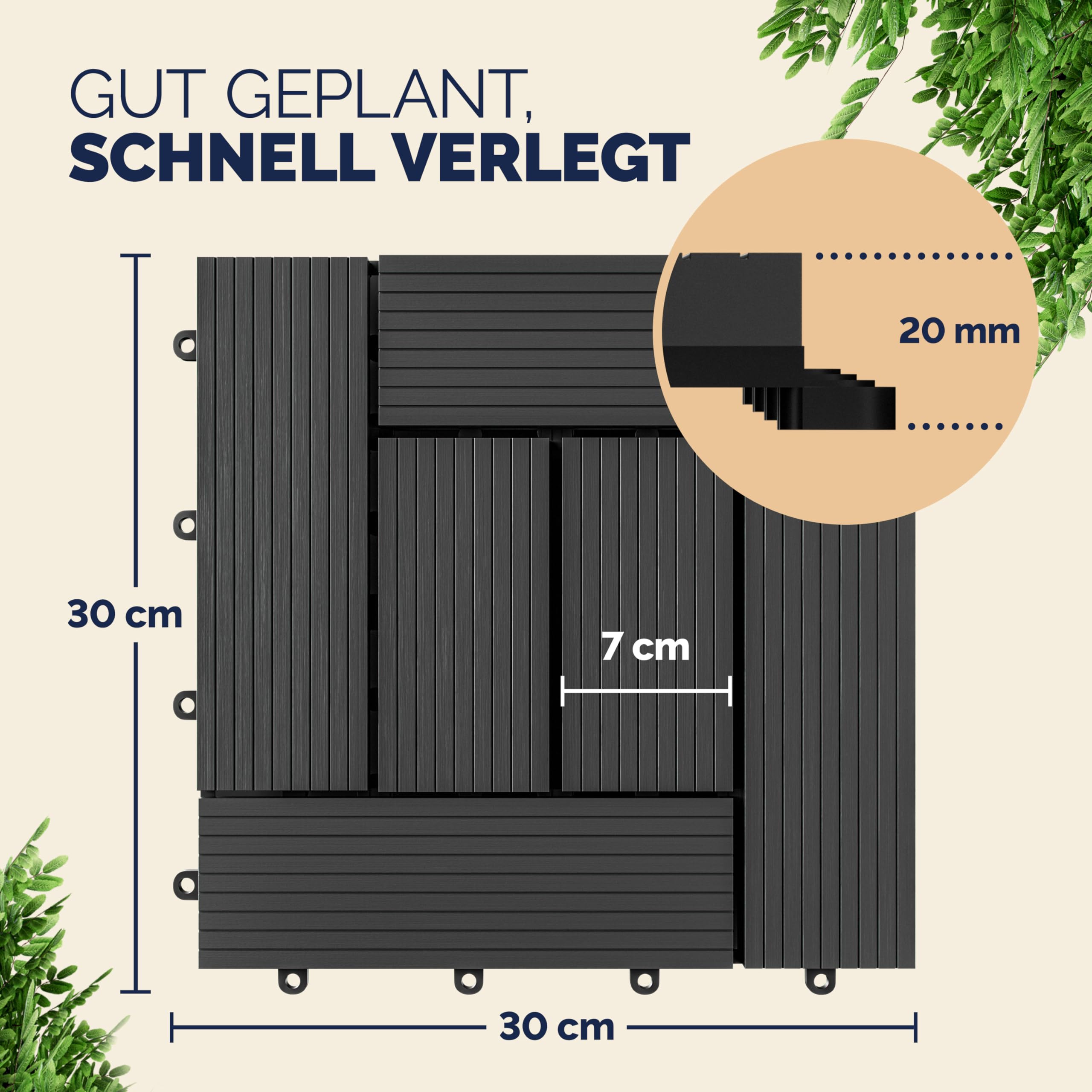CASARIAŽ WPC Fliesen 30x30 cm 66er Set 6m˛ Stecksystem Drainage Zuschneidbar Terrasse Balkon Garten klick Mosaik Anthrazit
