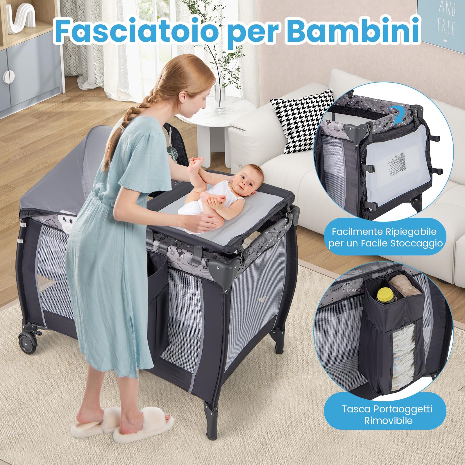 COSTWAY 3-in-1 Lettino da Campeggio per Bambini, Lettino Portatile per Neonati con Fasciatoio, Culla Pieghevole con Materasso e Borsa da Trasporto, 2 Ruote Bloccabili, per Bambini 0-36 Mesi