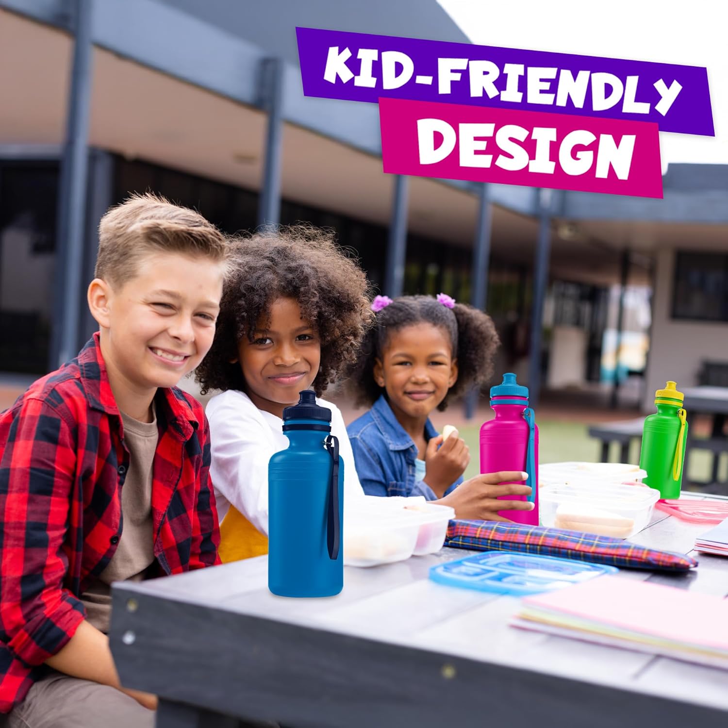 Bedwina Bulk Water Bottles For Kids - (Pack of 12) 18 Oz - 7.5 Inch BPA-Free Plastic with Pop-up Tops & Handles for Sports, Summer, Reusable Water Bottles Bulk For School - Image 4