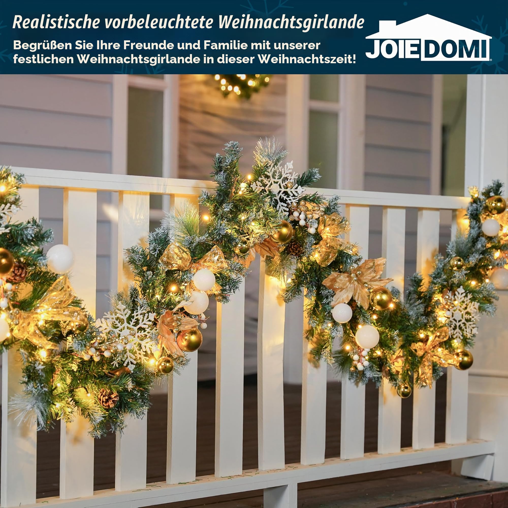 JOIEDOMI Beleuchtete 9 Fuß Lange Weihnachtsgirlande mit 75 LED-Lichtern, batteriebetriebene beleuchtete Girlande mit Timer und Ornamenten, künstliche Weihnachtsdekoration für drinnen und draußen
