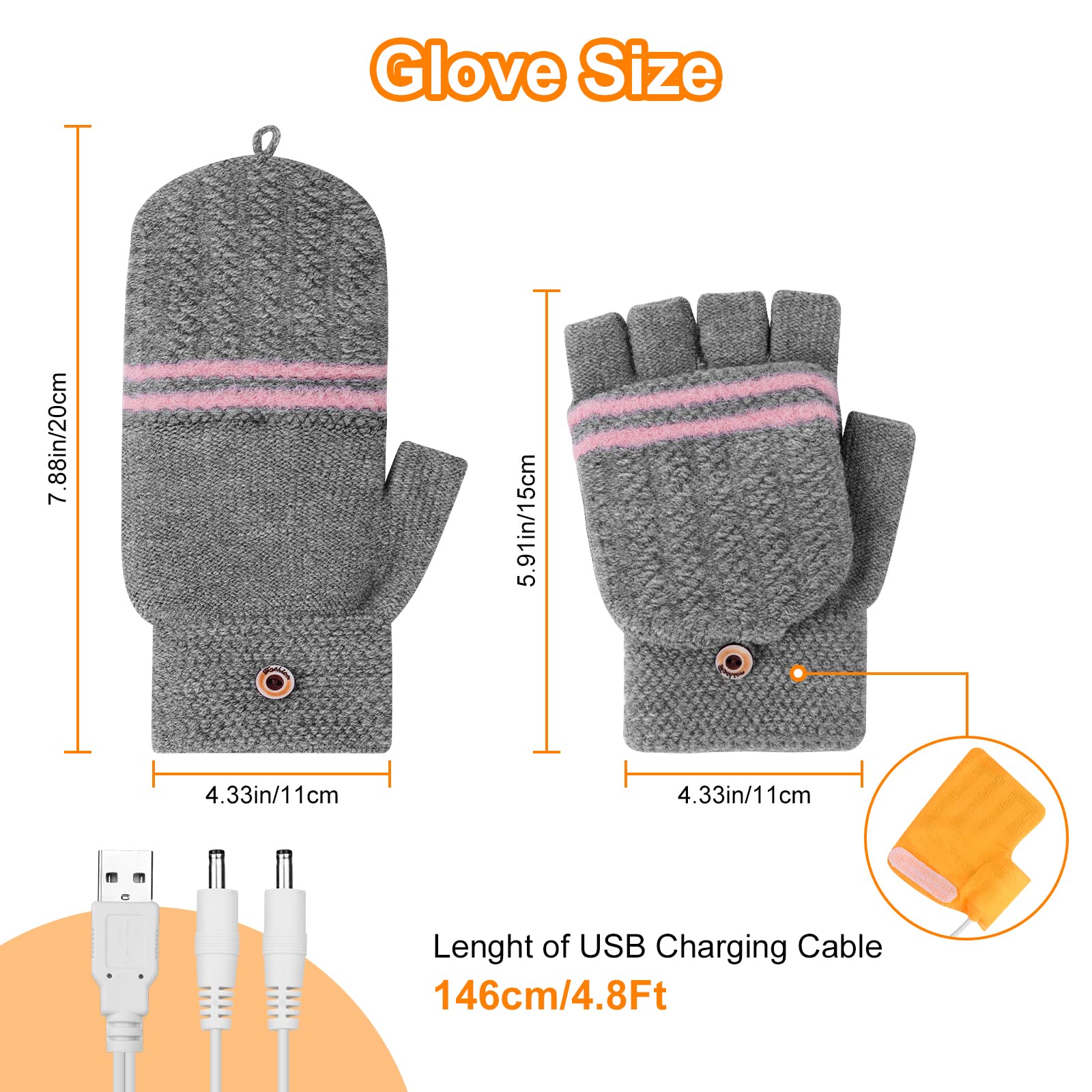 Flintronic Guantes Calefactables USB, Guantes Térmicos USB Unisex de Invierno, Guantes de Medio Dedo con Cubierta para el Dedo, Guantes de Tejer Lavables para Ciclismo/Esquí/Portátiles/Oficina-Rosa
