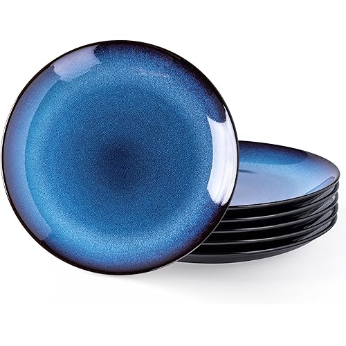 LERATIO Ceramic Dinner Plates Set of 6, 10.5 Inch Handmade Reactive Glaze Porcelain Plates, Coupe Shape Dinnerware Dishes Set for Kitchen,Oven& Microwave & Dishwasher Safe, Scratch Resistant-Blue