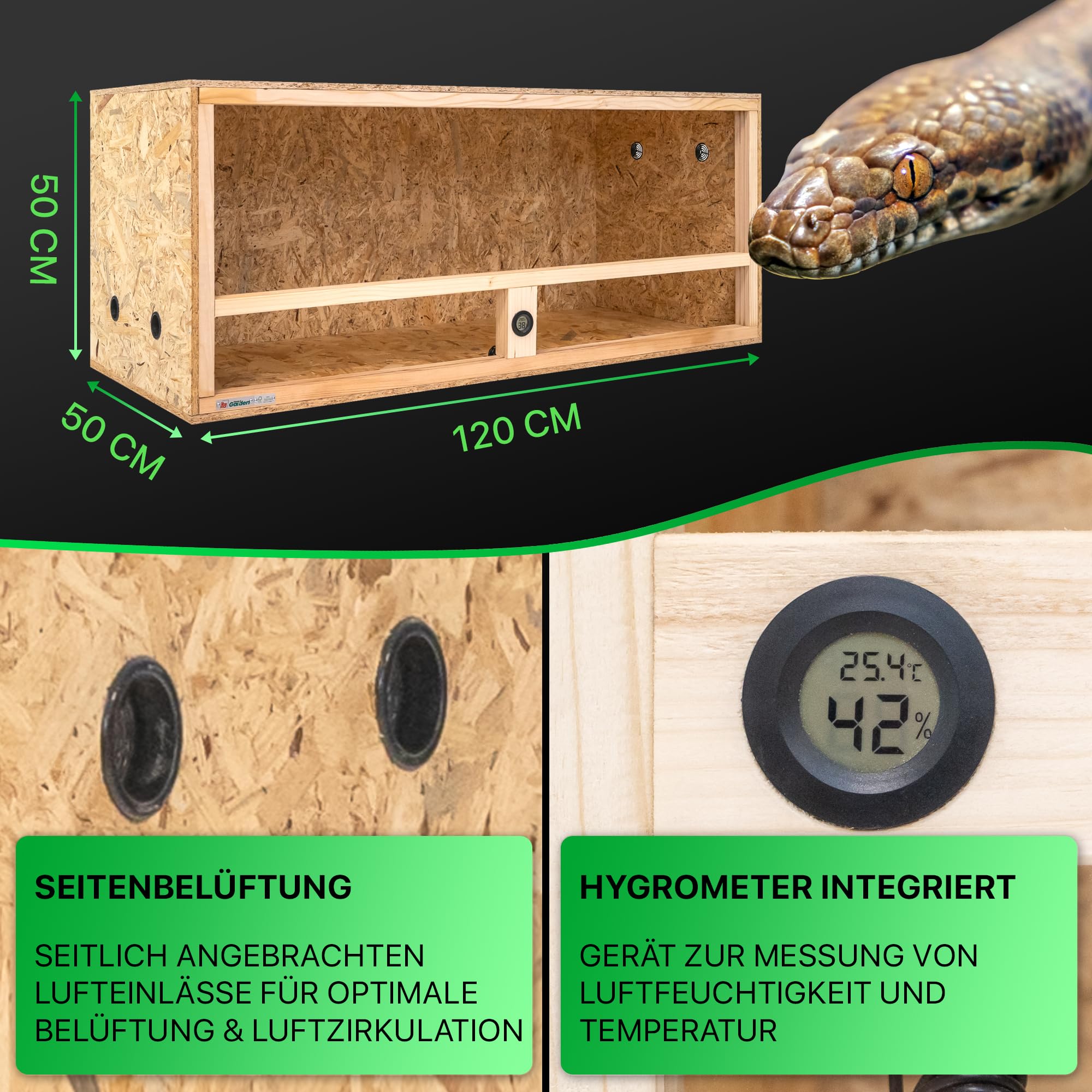 ITA Drewniane terrarium 120 x 50 x 50 cm ze zintegrowaną wentylacją i higrometrem, drewniane terrarium OSB-3, dla gadów, węży, płazów - produkt UE, certyfikat FSC