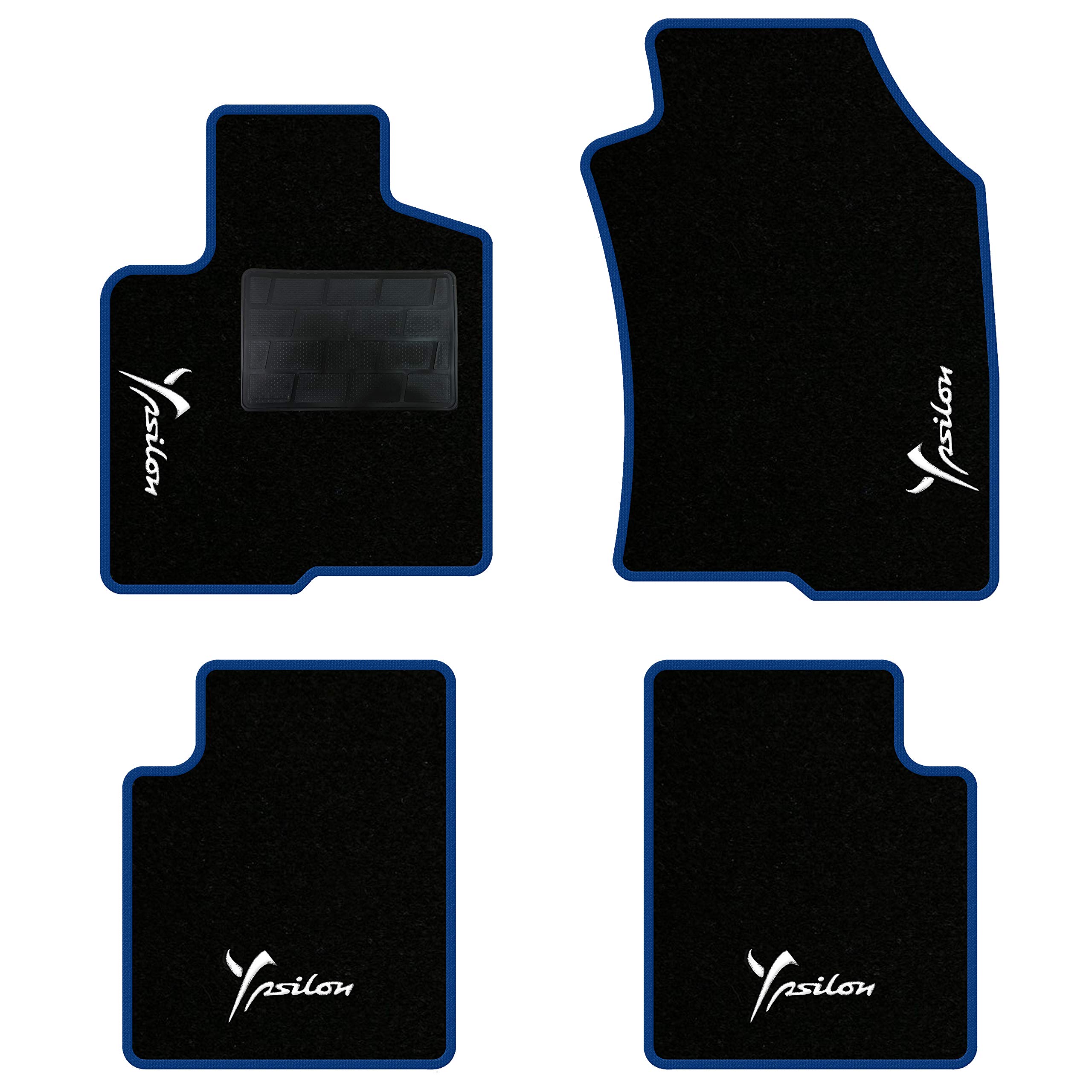 QUEMAR Tappetini Auto compatibili con Lancia Ypsilon 5 porte dal 2011 anche Hybrid/Kit Tappeti Moquette e Gomma su Misura (Set 2 Ant +2 Post)/Ricami e Colori Personalizzati (Bordo Blu, 4 Ricami)