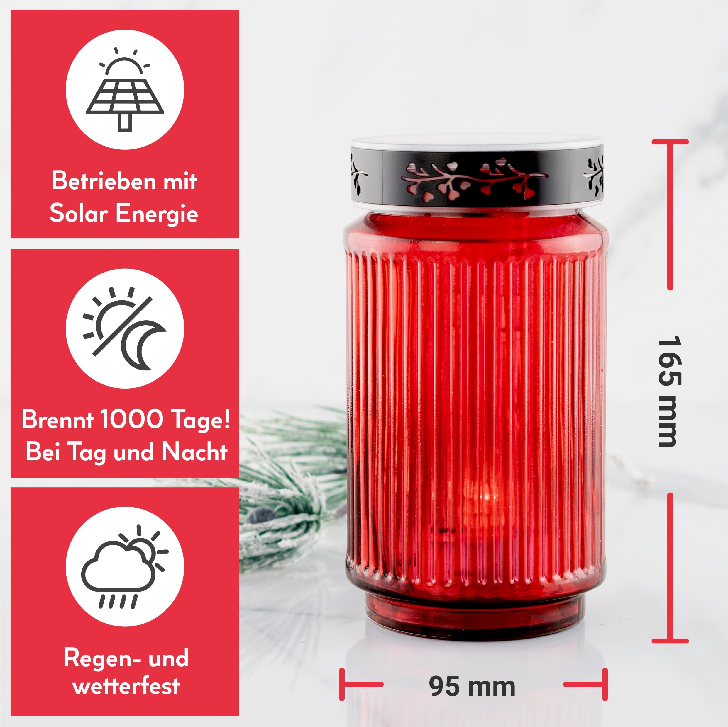 HOFER KERZEN LED Solar Grablicht aus Glas ROT 3 Jahre Leuchtdauer wetterfest Solar Grabkerze LED Friedhofskerze