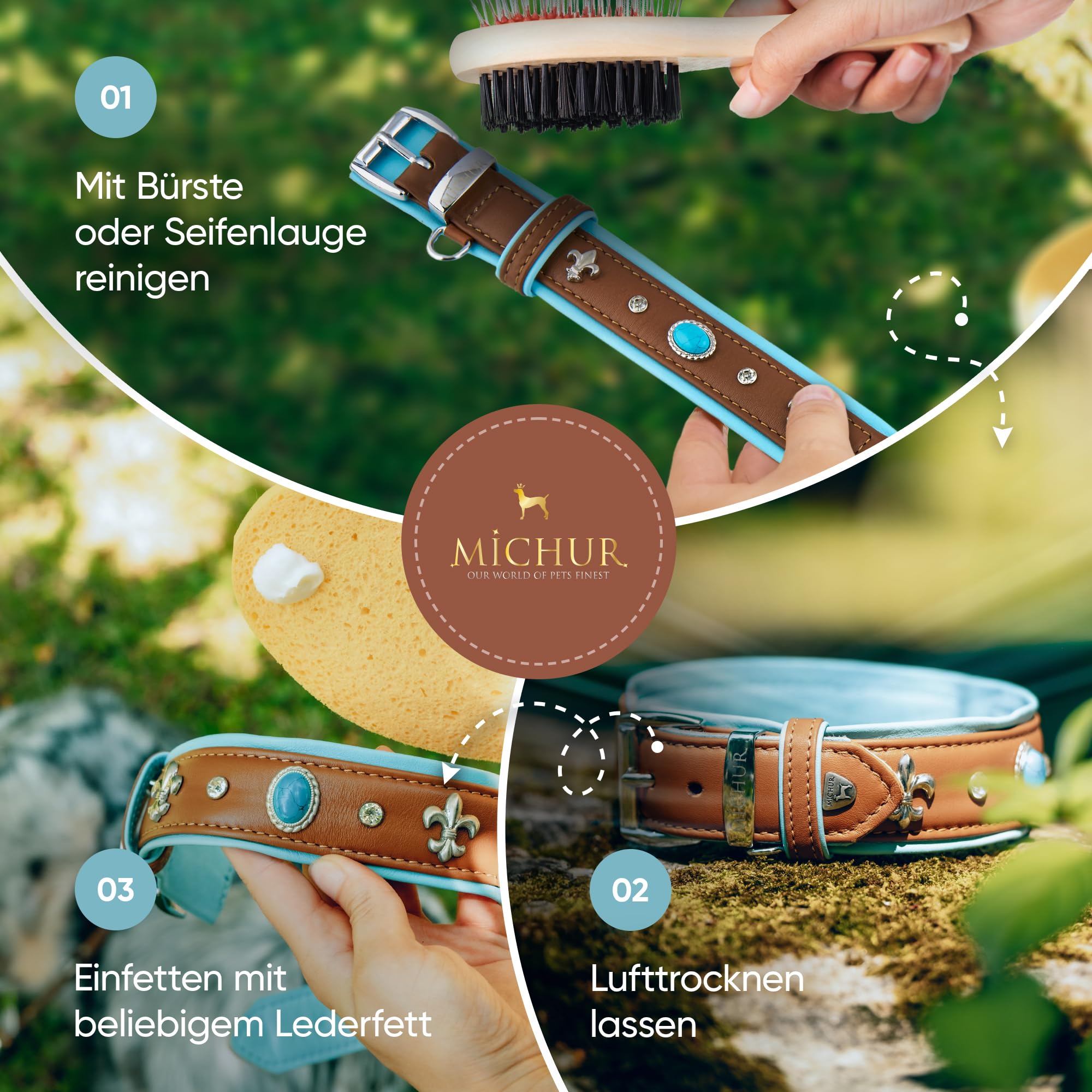 MICHUR Nizza Lagune Hundehalsband Leder, Lederhalsband Hund, Halsband, Braun Blau, Leder, mit Lilien,Strasssteinen und großem Kristall, in verschiedenen Größen erhältlich
