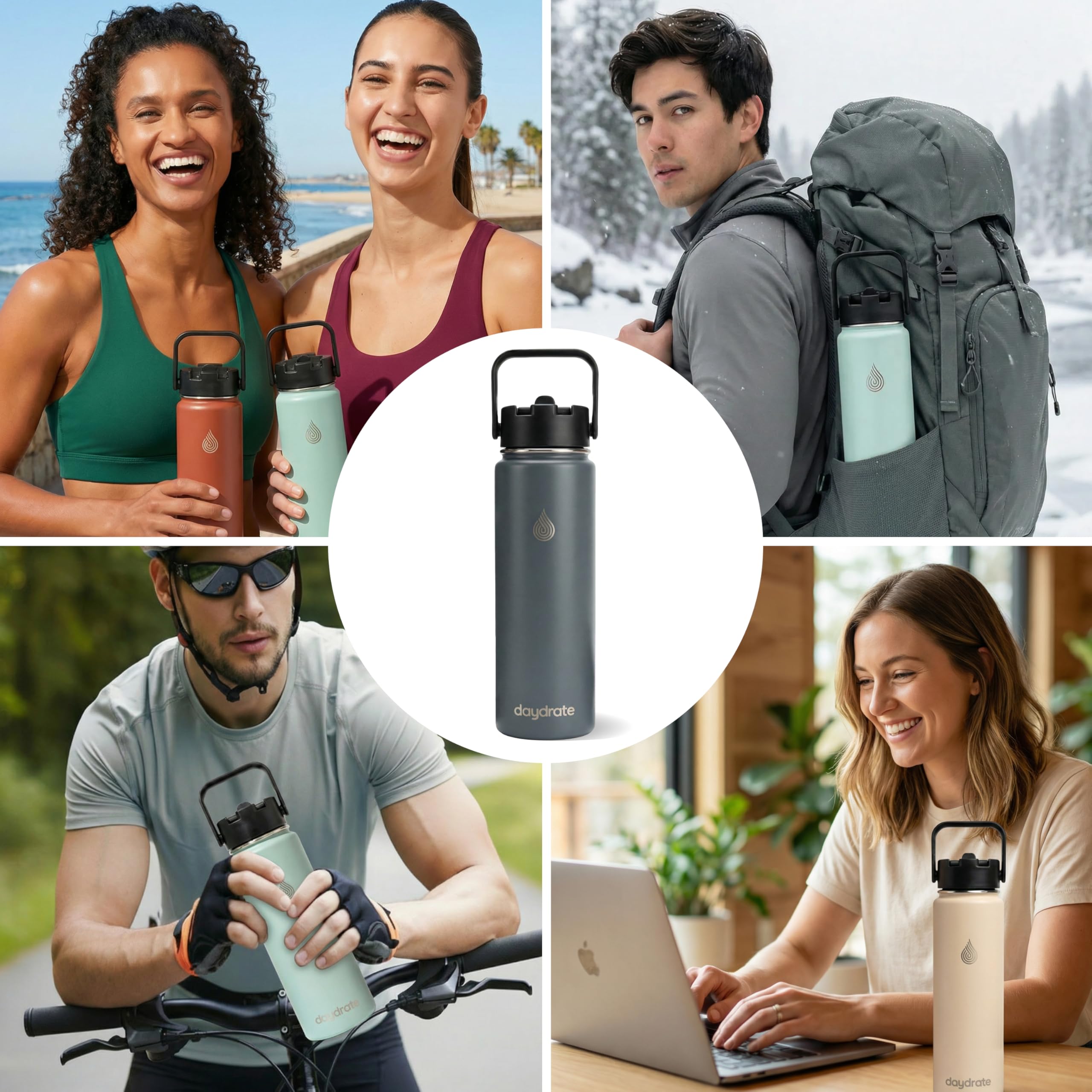 Insulated Metal Water Bottle with Straw 750ml- Stainless Steel Water Bottle, BPA Free, Dual Lid Straw & Spout, Leakproof, 24 Hours Cold & Hot, Work, Travel, Gym Bottle for Men & Women - Grey- Daydrate — view 7