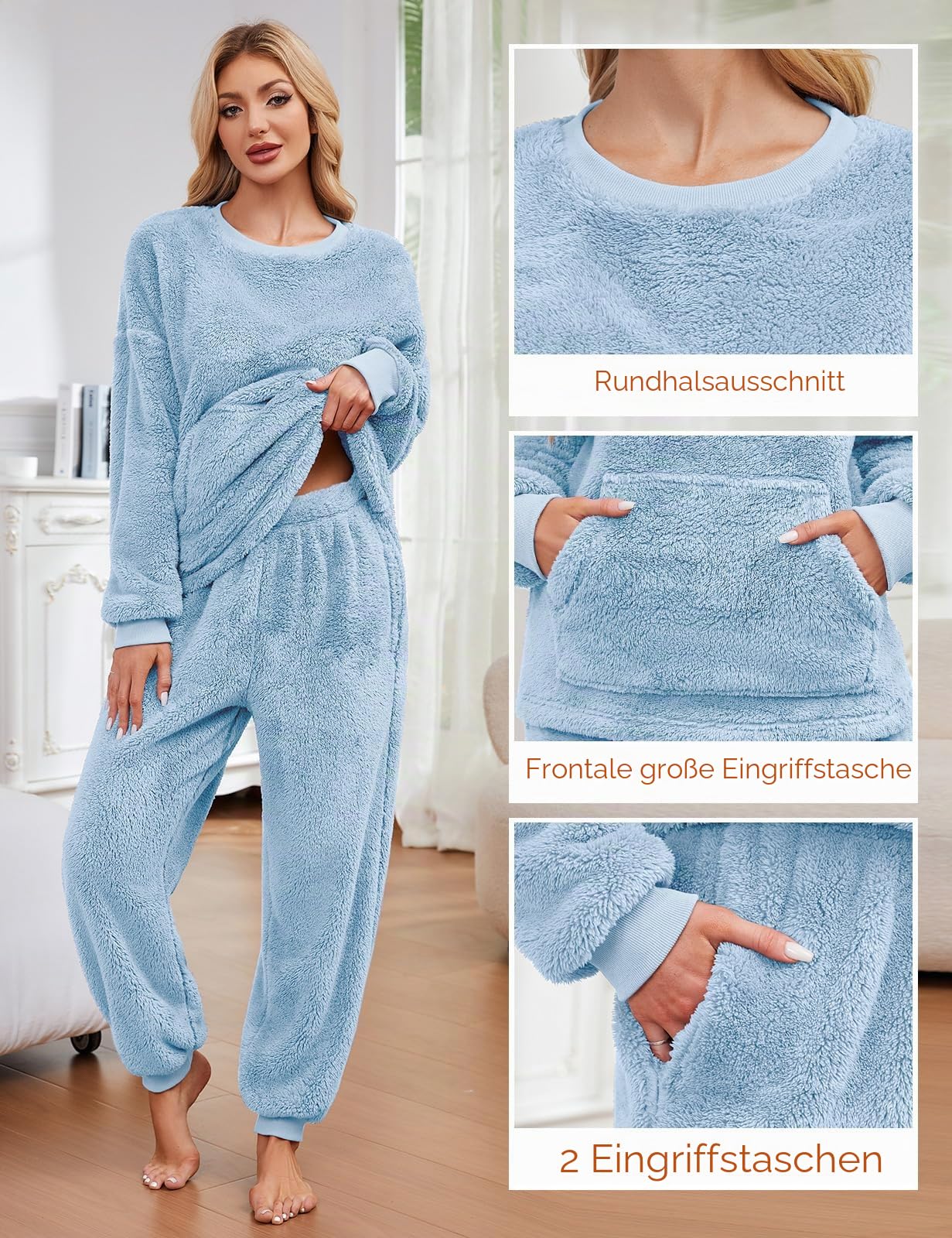UMIPUBO Schlafanzug Damen Lang Pyjama Set Winter Thermo Fleece Kuschelig Hausanzug Weich Flauschig Locker Nachtwäsche Zweiteiliger Oberteile Langarm mit Warm Hosen Loungewear PJS für Frauen