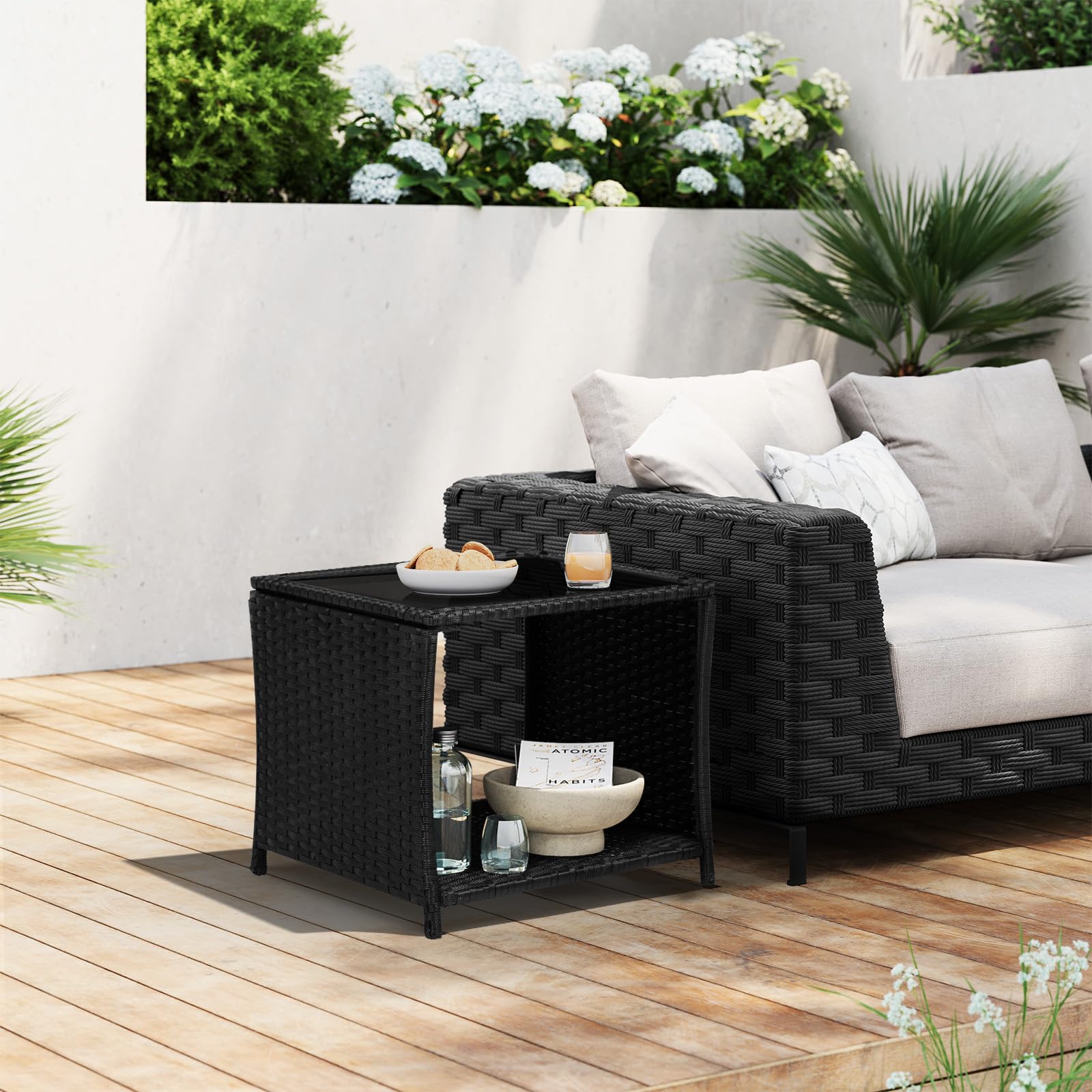 WOLTU Tavolo da Giardino in Polyrattan, 45x40x45cm, Nero | Tavolino con Piano in Vetro a Vano Aperto, Tavolo da Esterno Resistente alle Intemperie, Salotto da Giardino Esterno