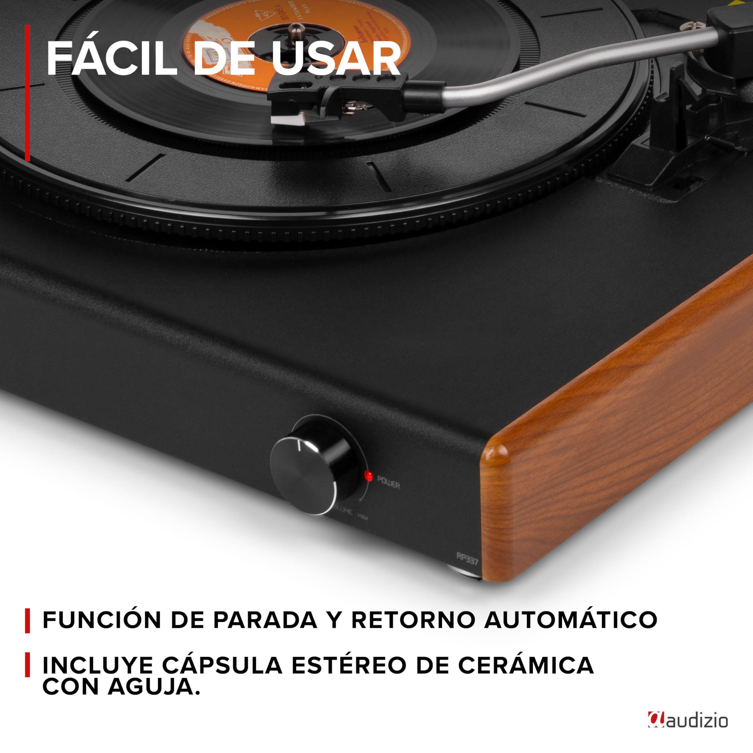 Audizio RP337W – Tocadiscos de Vinilo con Altavoces Bluetooth inalámbricos 100W 3 velocidades 33 45 78 RPM cápsula Audio Technica Salida RCA Sistema automático diseño Retro, Color Madera
