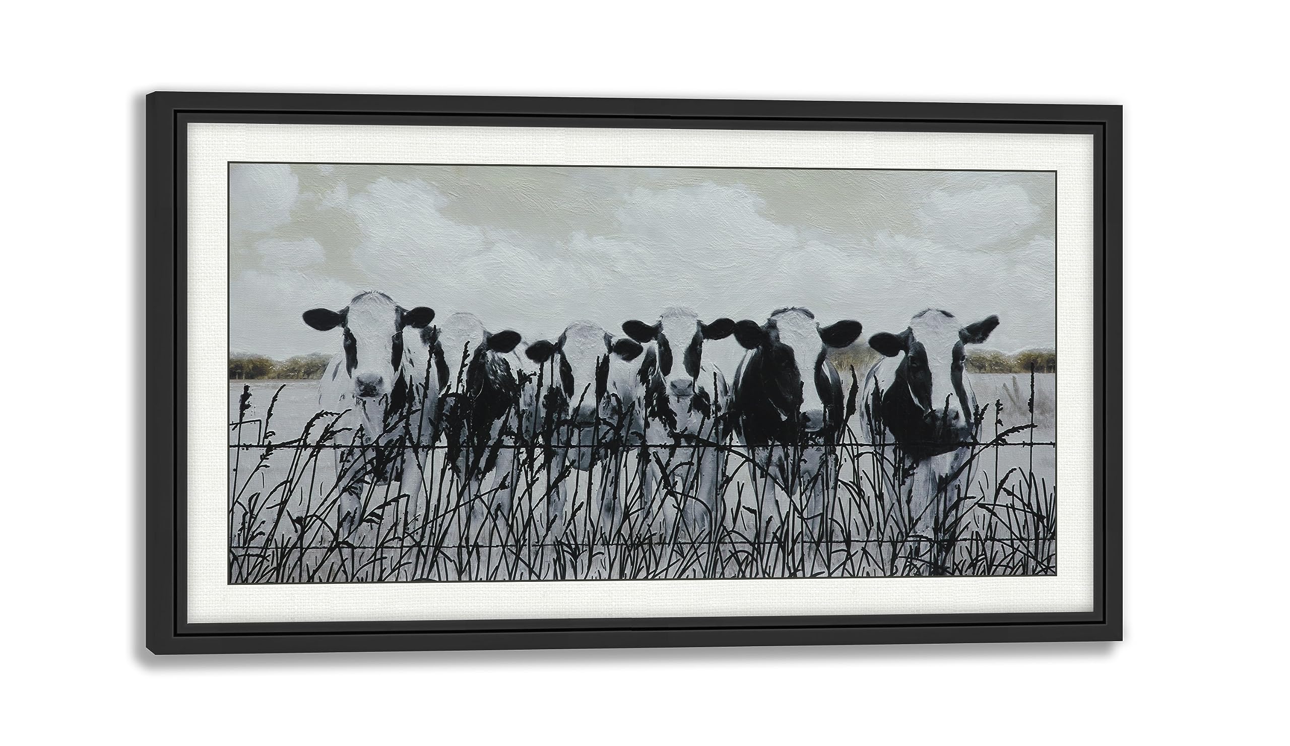 3D Print simulation hand painted texture on canvas painting Wall Art Farmhouse Black & White Cow Herd Grass Meadow Hand Made Framed Matted 3D Brushstroke Texture UNIQUE INNOVATION Patent pending