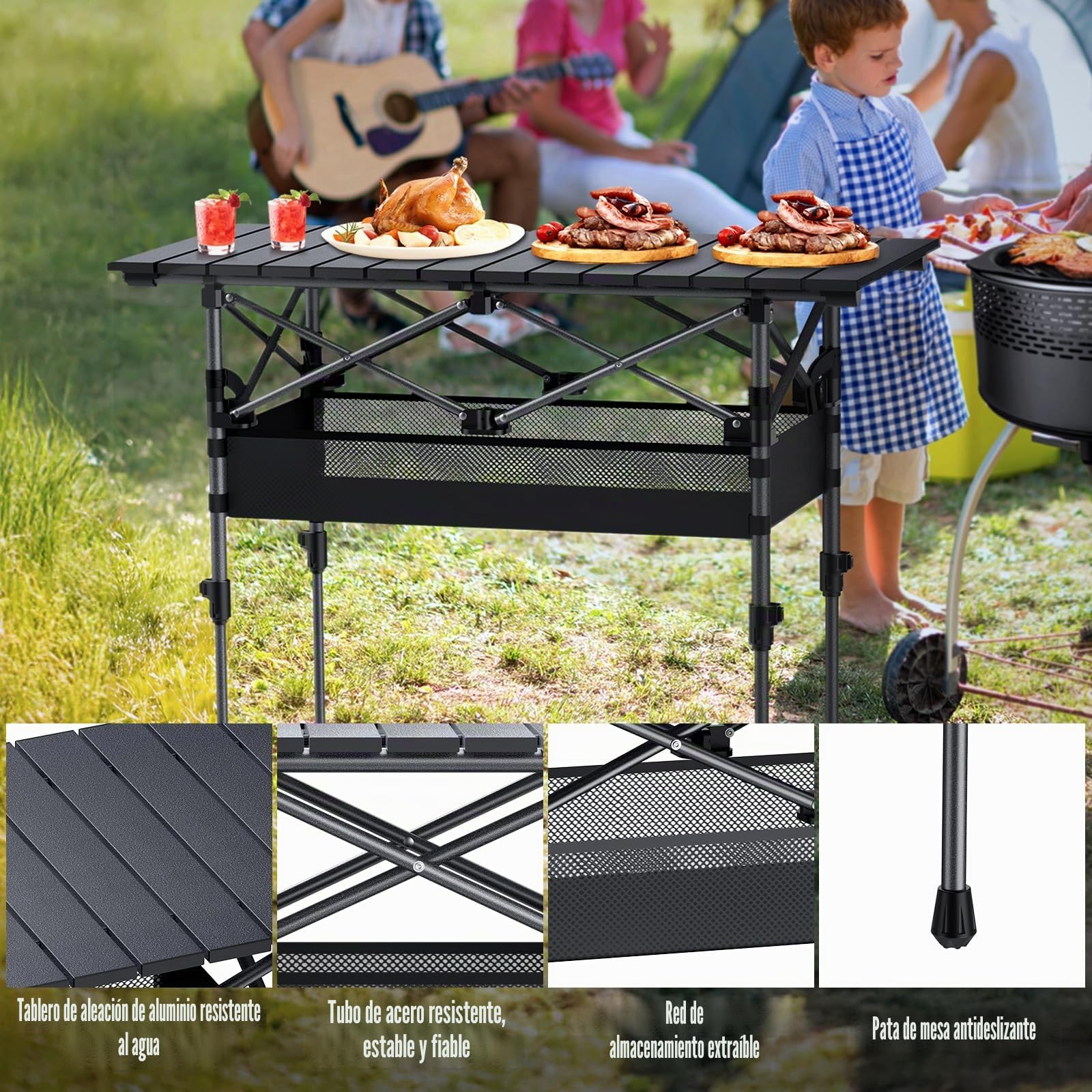 GARLLEN Mesa de Camping Plegable, 2 mesas de Picnic enrollables de Altura Ajustable con Red de Almacenamiento, Mesa de Aluminio Ligero para Exteriores con Bolsa de Transporte para Camping, Barbacoa