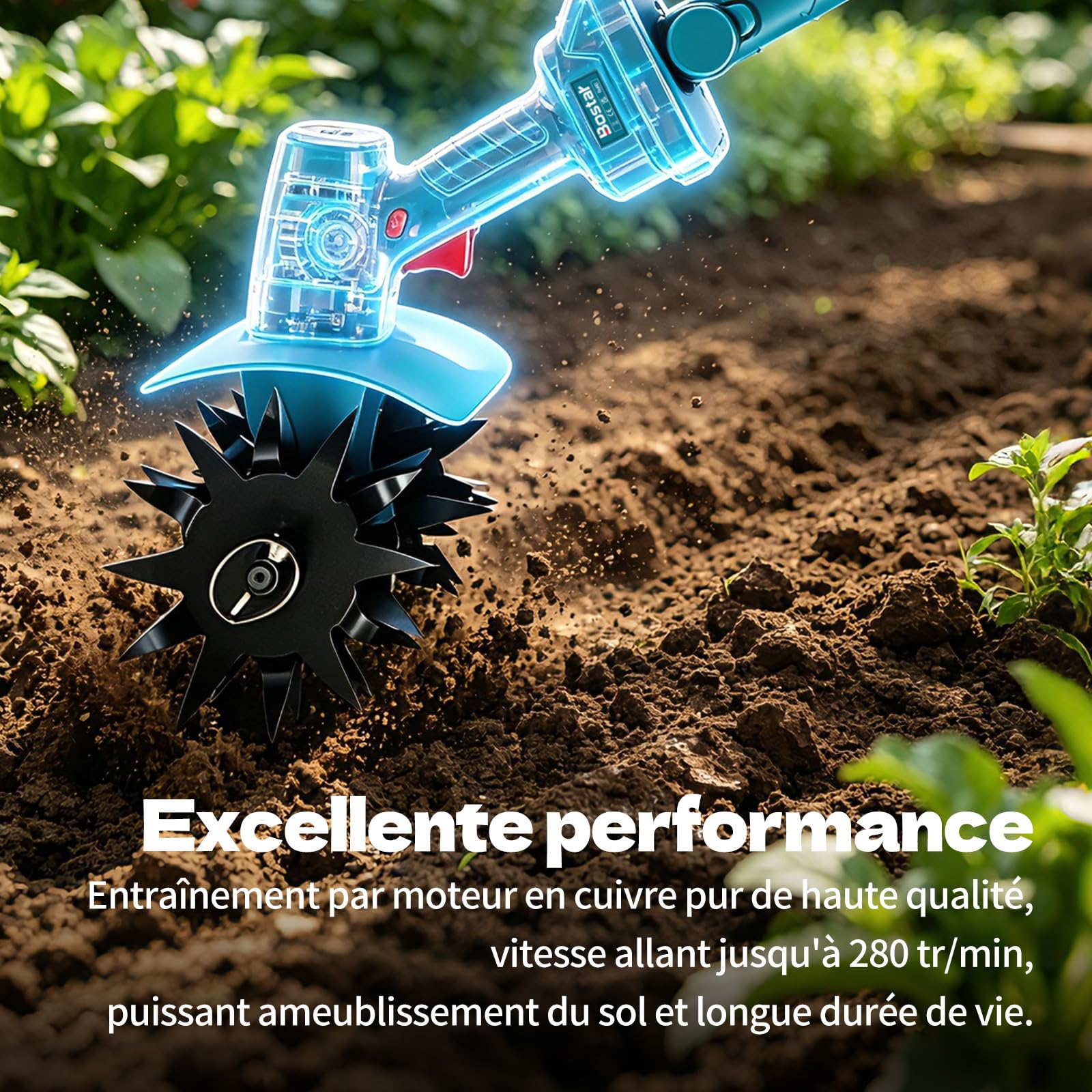 Bostar Motobineuse Électrique, Compatible avec Makita 18V Batterie Motocultor sans Fil, Bineuse Rotative 1,78kg avec Écran Numérique, 4 Lames Ø160mm, Profondeur 17cm, avec 2 Batteries 2000mAh