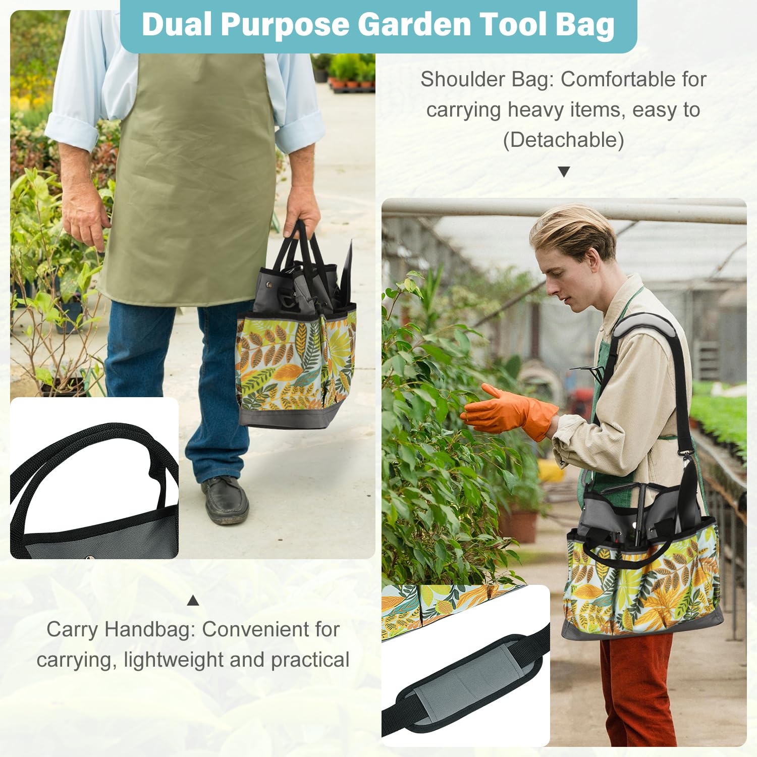 MORROWIND Borsa Attrezzi da Giardino in Tessuto Oxford, Tote con Tasche e Tracolla Regolabile Organizzatore Attrezzi con Tasca con Cerniera per Giardinaggio e Lavoro nel Prato, Verde Floreale
