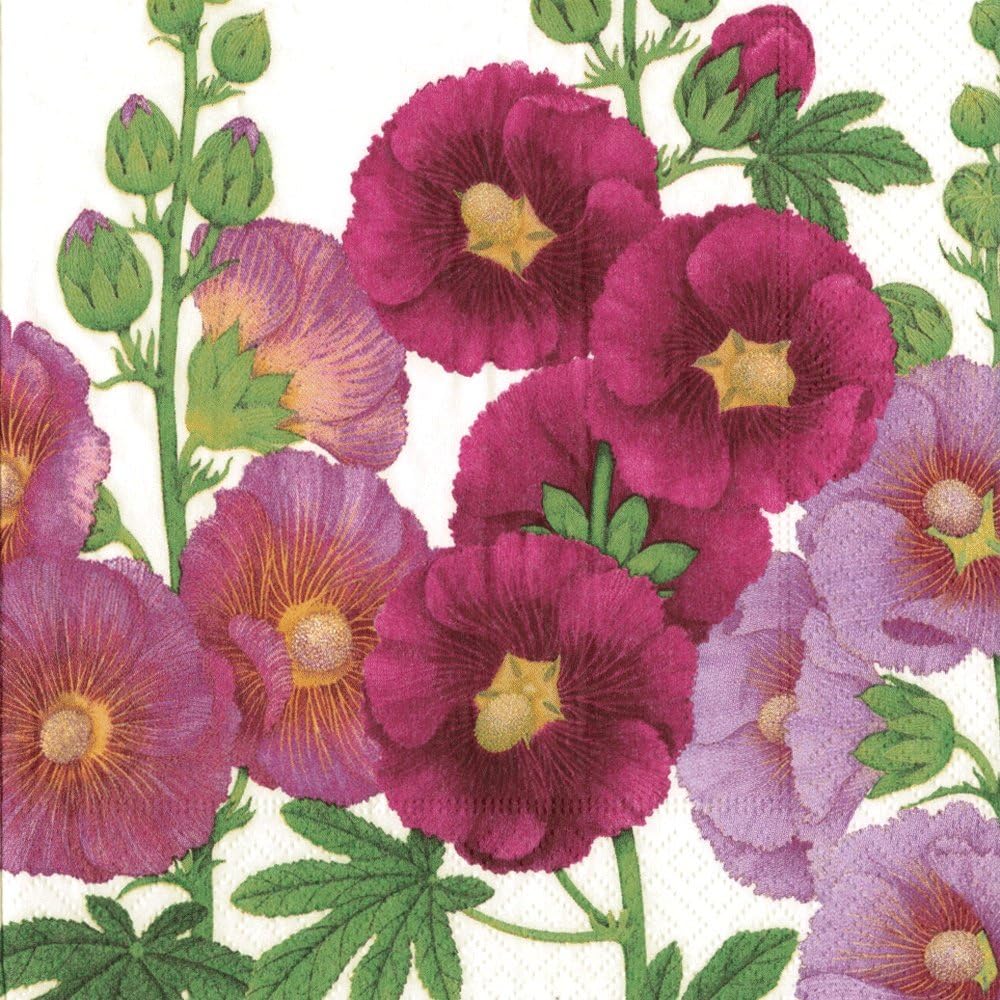 Entertaining with Caspari Cocktail Napkin, Hollyhocks, Purple, Box of 40