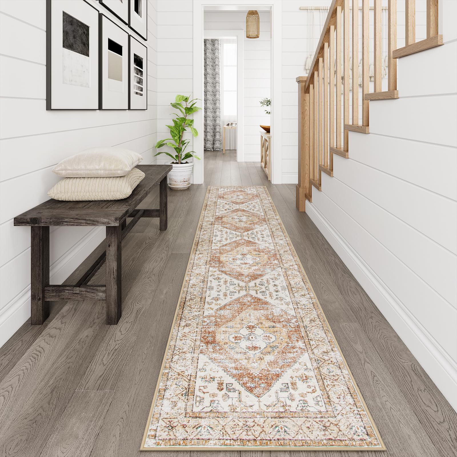 Beeiva Boho Runners for Hallways, Khaki 2.5x12 Kitchen Rugs Non Slip Washable Ultra Thin Floor Carpet Runner, Printed Distressed Kitchen Runner Rug