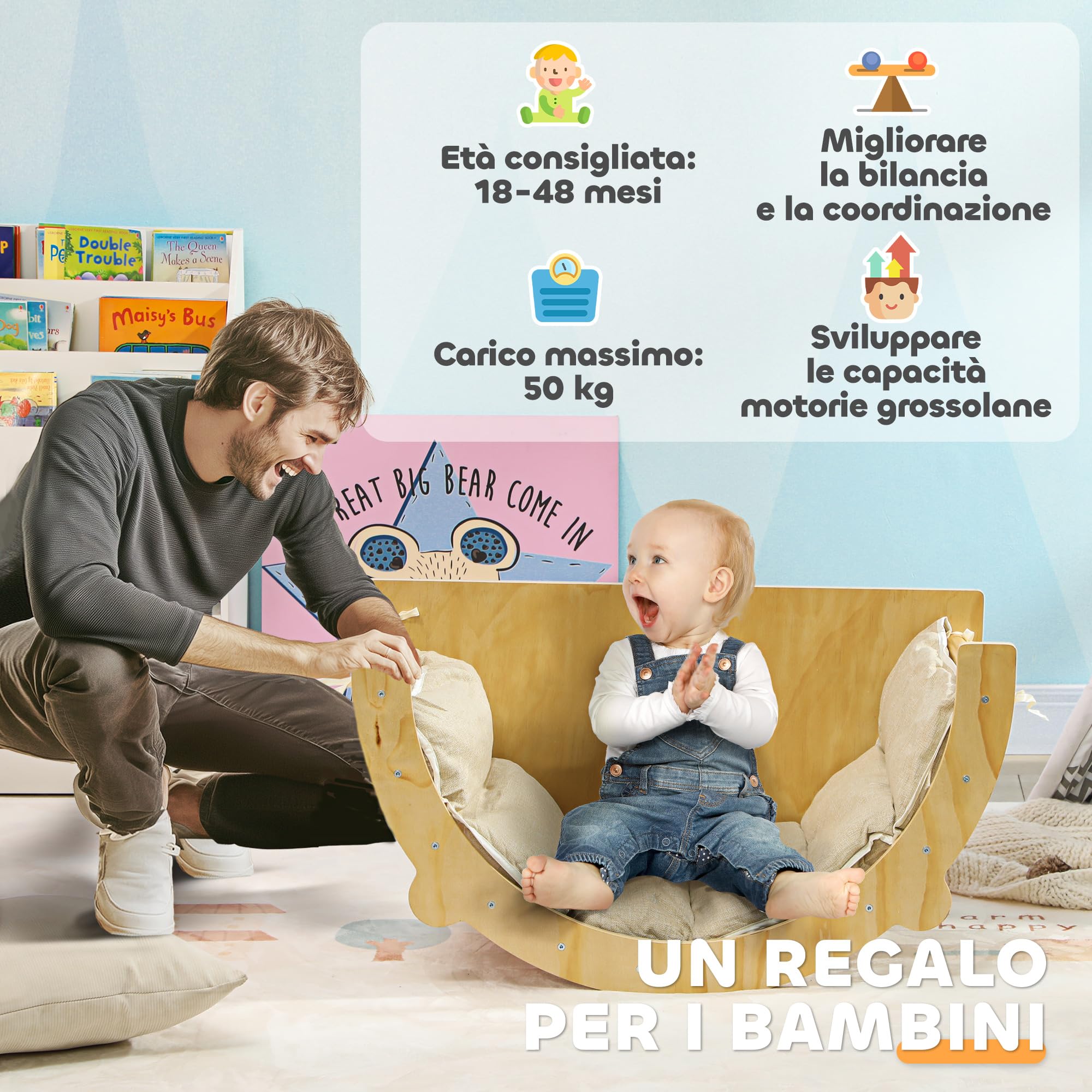 AIYAPLAY Arco Montessoriano 3 in 1 per Bambini, Struttura da Arrampicata, Tavolino e Dondolo con Cuscino, Età 18-48 Mesi, Legno Naturale