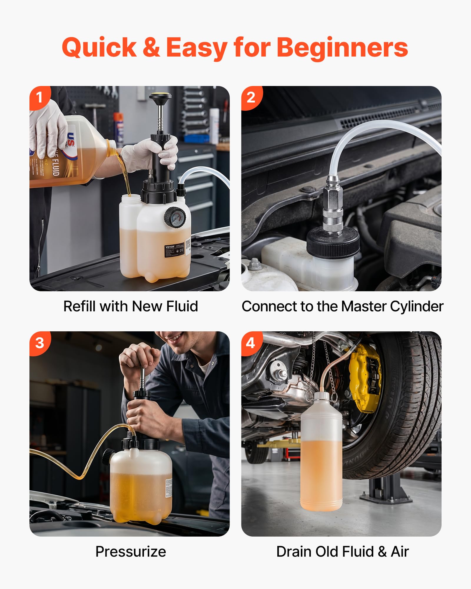 VEVOR Purgador de Frenos Manual 3 L, Kit de Purga de Frenos con 5 Adaptadores para Cilindro Maestro, Botella de Residuos de 1 L, Cambio de Líquido del Vehículo, Compatible con Mayoría de Vehículos