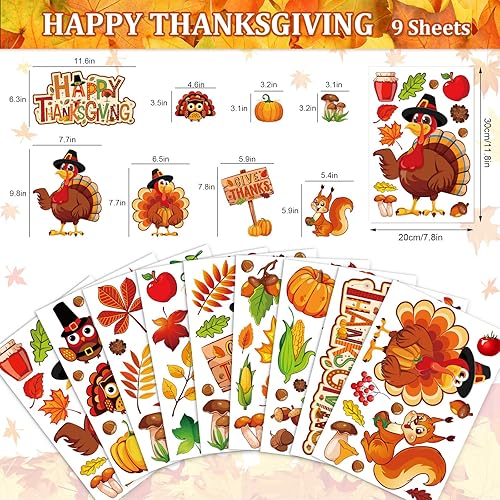 Miniatura 5 de Whaline 9 hojas de calcomanías para ventana de Acción de Gracias, pavo, ardilla, calabaza, hojas de otoño, de doble cara, para otoño, cosecha de