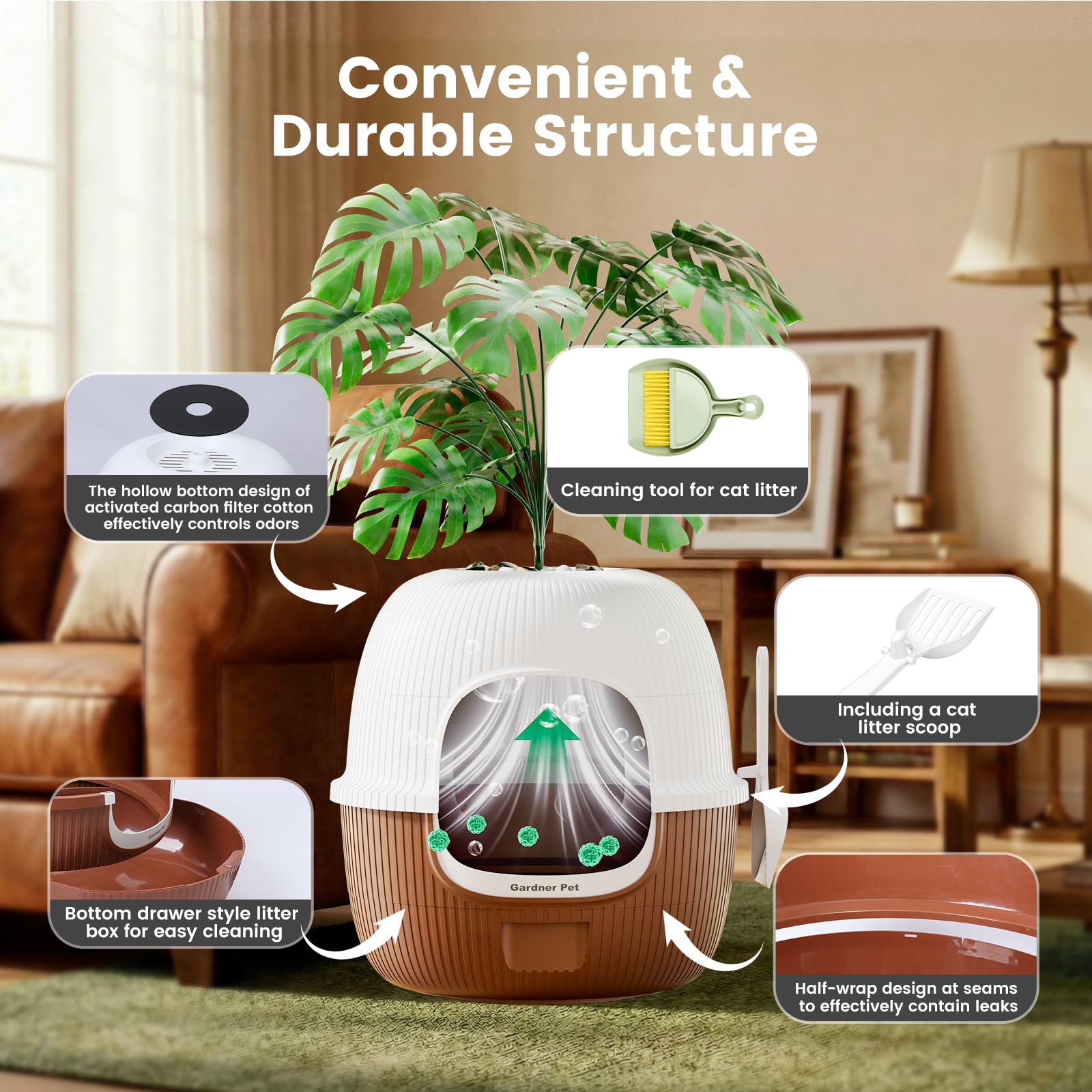Gardner Pet Versteckte Katzentoilette, Blumentopf-Stil Katzenklo 49x49x50cm | Blumentopf-Stil, Mit Kunstpflanze, Kieselsteinen & Schaufel, Schublade & Kohlefilter, Auslaufsicheres Design