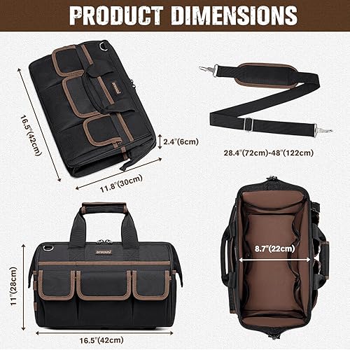 Miniatura 3 de Bolsas de herramientas resistentes de 16.5 pulgadas para hombres, bolsa de herramientas grande de 34 bolsillos con correa de hombro ajustable,