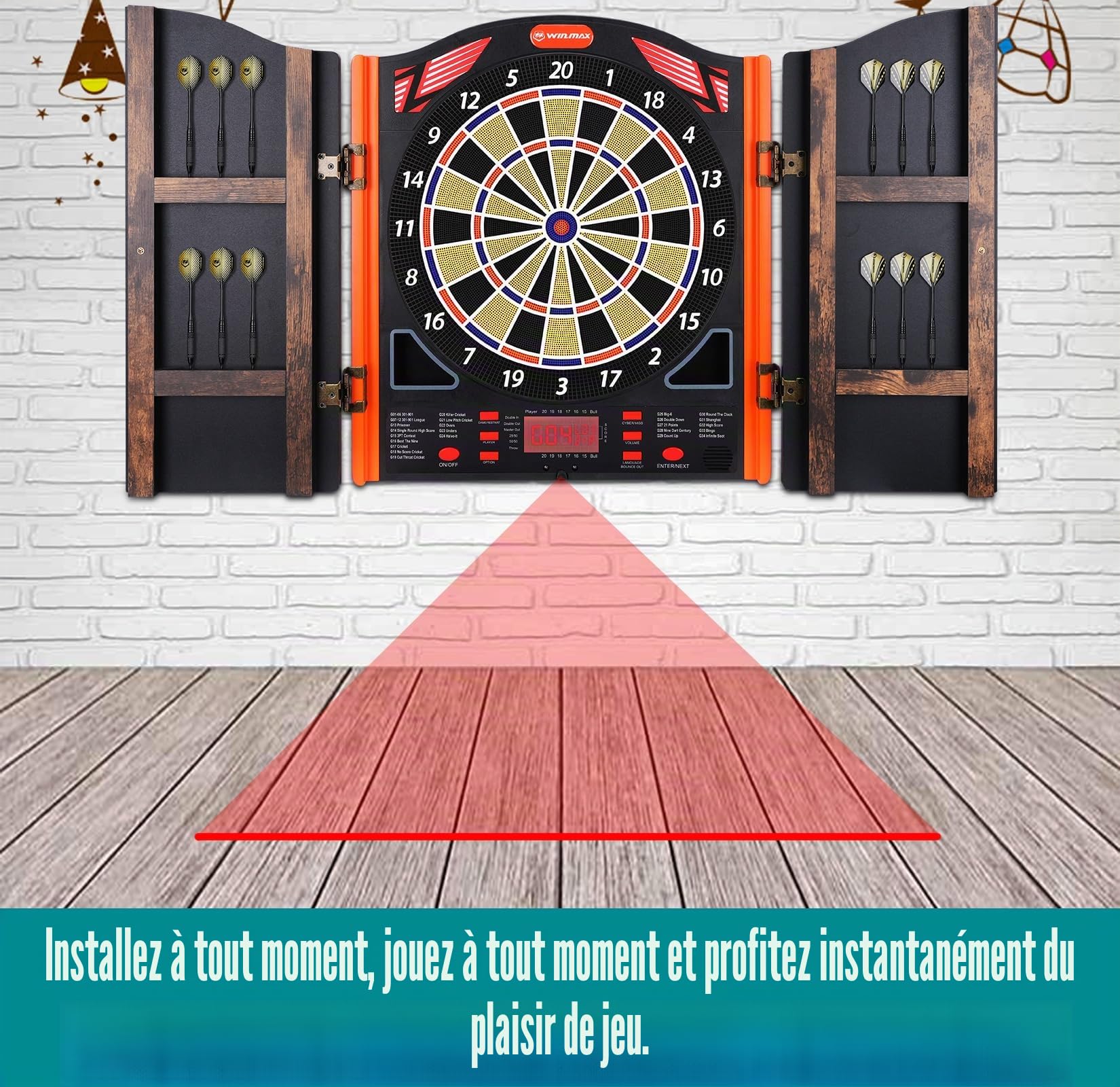 Jeu de fléchettes électronique, kit professionnel avec laser Throw/Toe Line marqueur avec voix allemande, adapté pour batterie/adaptateur pour 1 à 8 joueurs avec 12 lots