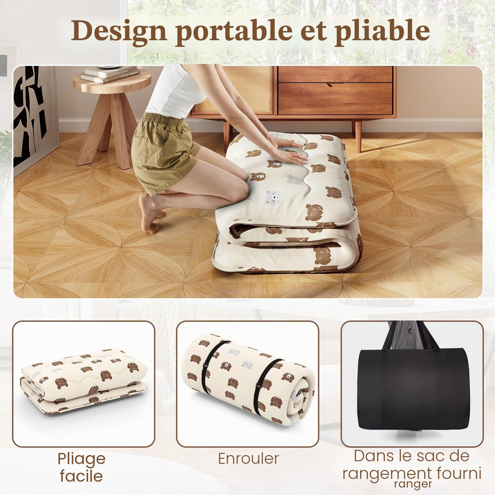 FANTASK Matelas Tatami avec Housse Lavable - Futon Japonais - Pliable - avec Sac de Transport - 90 x 200 cm - Ours Marron
