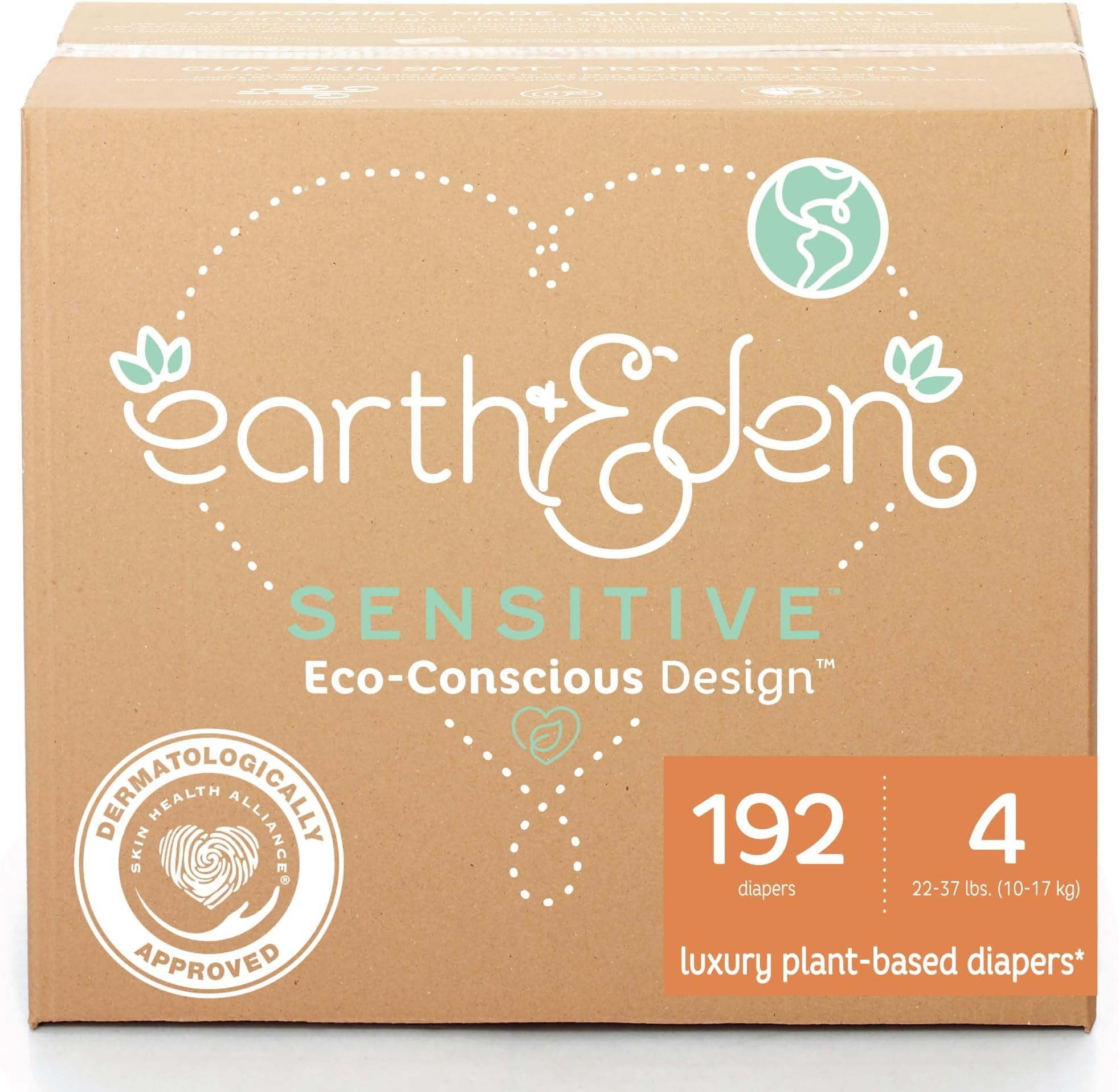 Earth & Eden Sensitive Baby Diapers, Size 4, No Harsh Chemicals, 192 ct