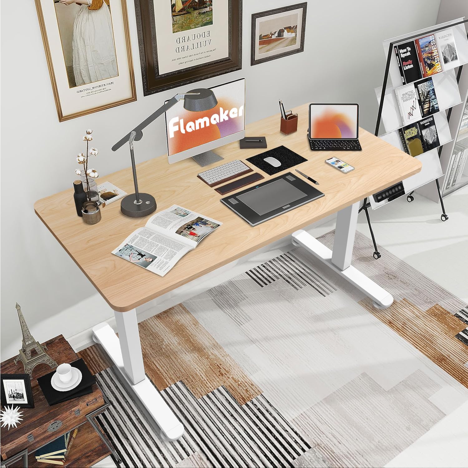 Flamaker Height-Adjustable Desk in a home office setting with laptop and accessories