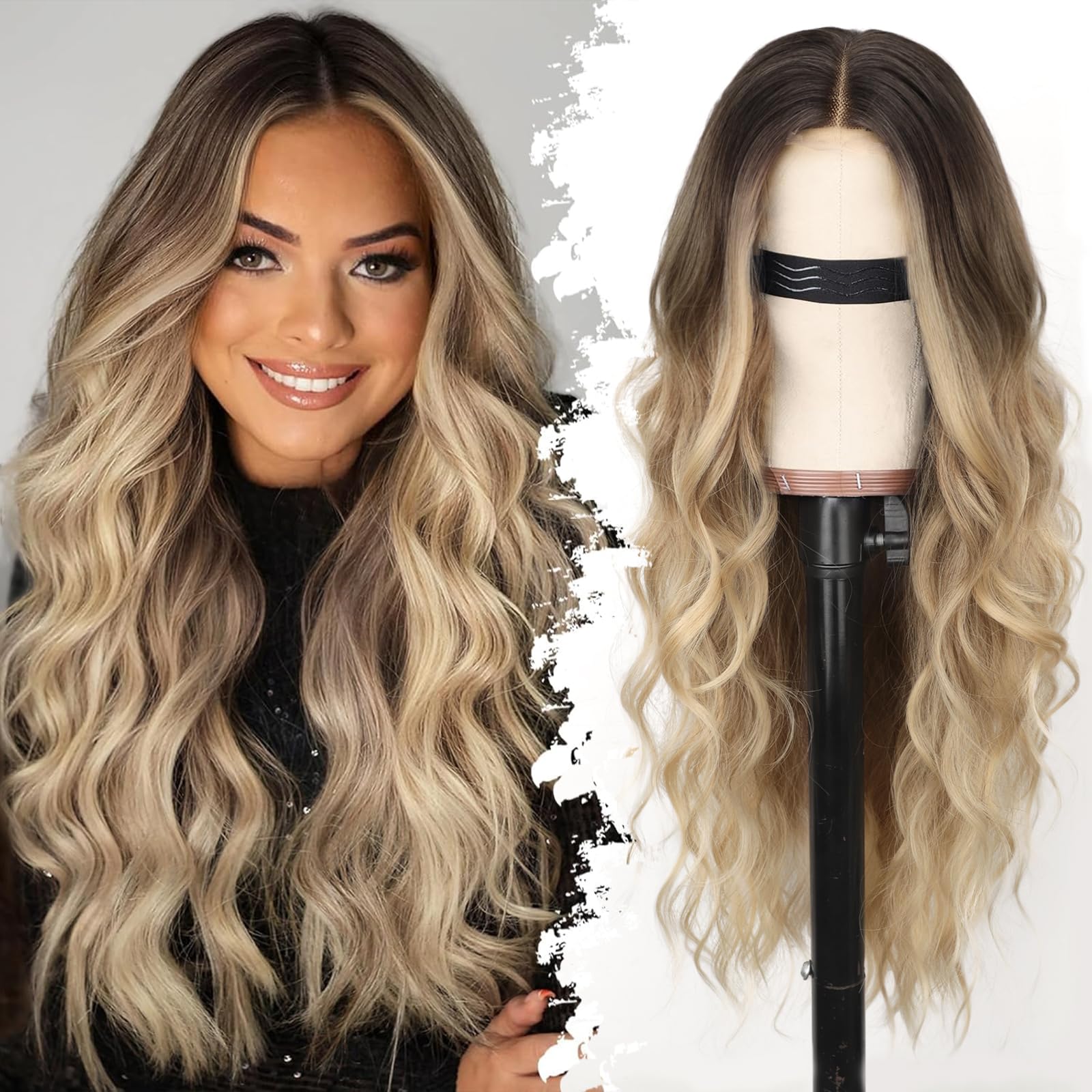 Photo 1 of Eawwii Ombre Blonde Wig for Women Long Wavy 4x1 Lace Natural Hairline Glueless for Beginners Middle Part Synthetic for Daily Party Use 26Inch