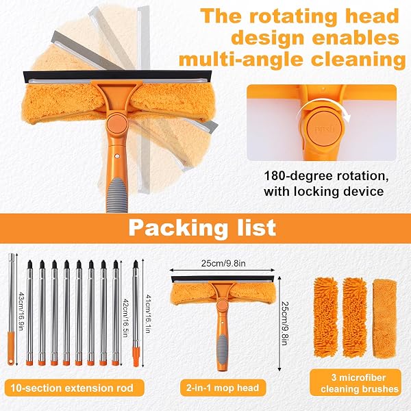 HA Bin Limpiacristales Profesional con Mango Extensible (400 CM), 2 en 1 Rasqueta de Silicona y Paño de Microfibra, Kit Limpiador de Cristales para Ventanas, Espejos, Coche, Ducha – Sin Rayas - 2