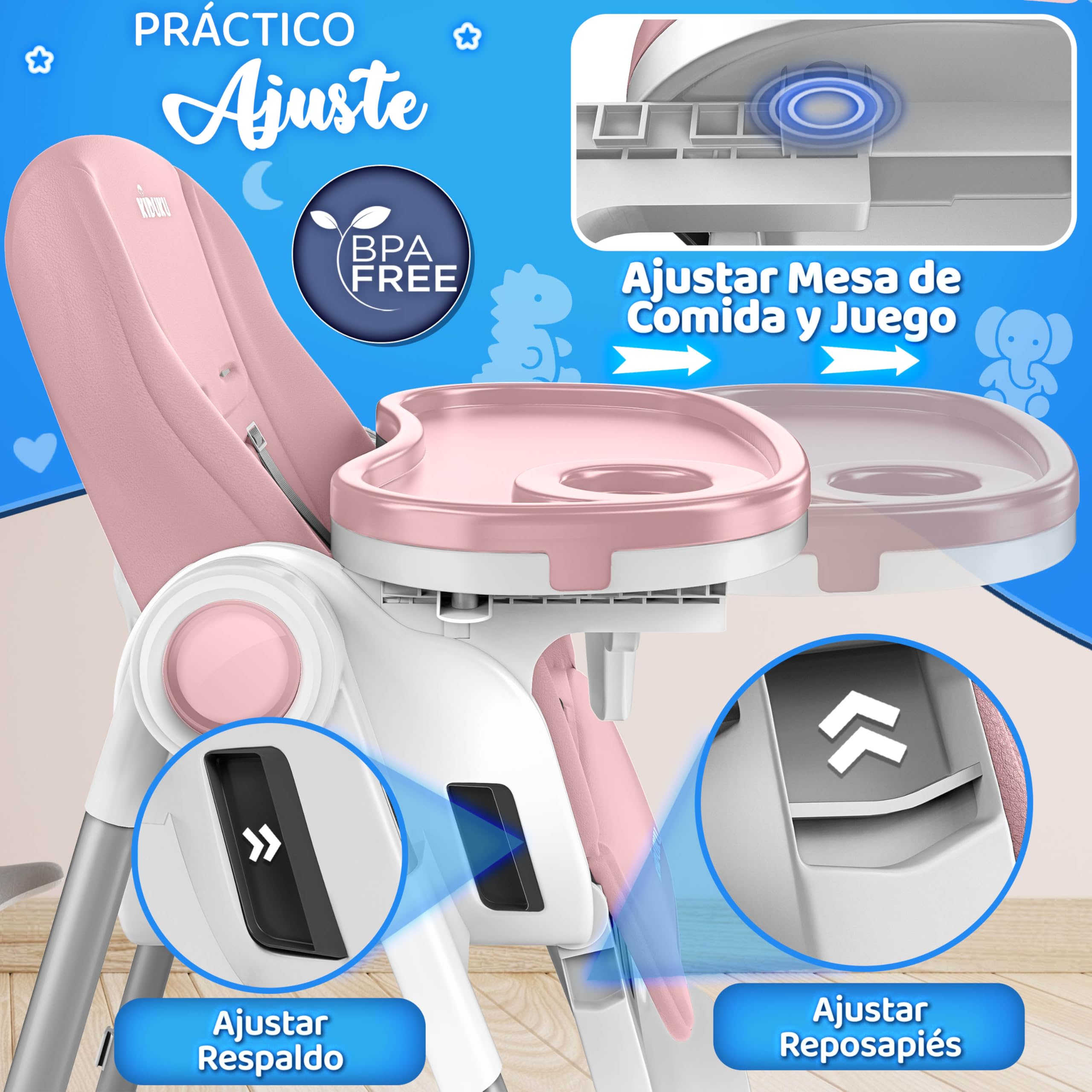 KIDUKU® Trona Bebé 3 en 1 Reclinable para Recién Nacido | Trona Infantil Plegable con Arco de Juego | Silla Evolutiva Altura Ajustable 7 Niveles | Crece con el Bebé 0-36 Meses (Rosa)