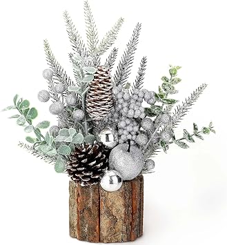 Small Christmas Tree Tabletop Artificial Mini Christmas Tree Decorations with Holiday Ornaments Red Berry Pine Cone Greenery for Home Indoor Fireplace Mantel Xmas Decor Tree Stump-Silver