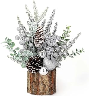 Small Christmas Tree Tabletop Artificial Mini Christmas Tree Decorations with Holiday Ornaments Red Berry Pine Cone Greenery for Home Indoor Fireplace Mantel Xmas Decor (Tree Stump-Silver)