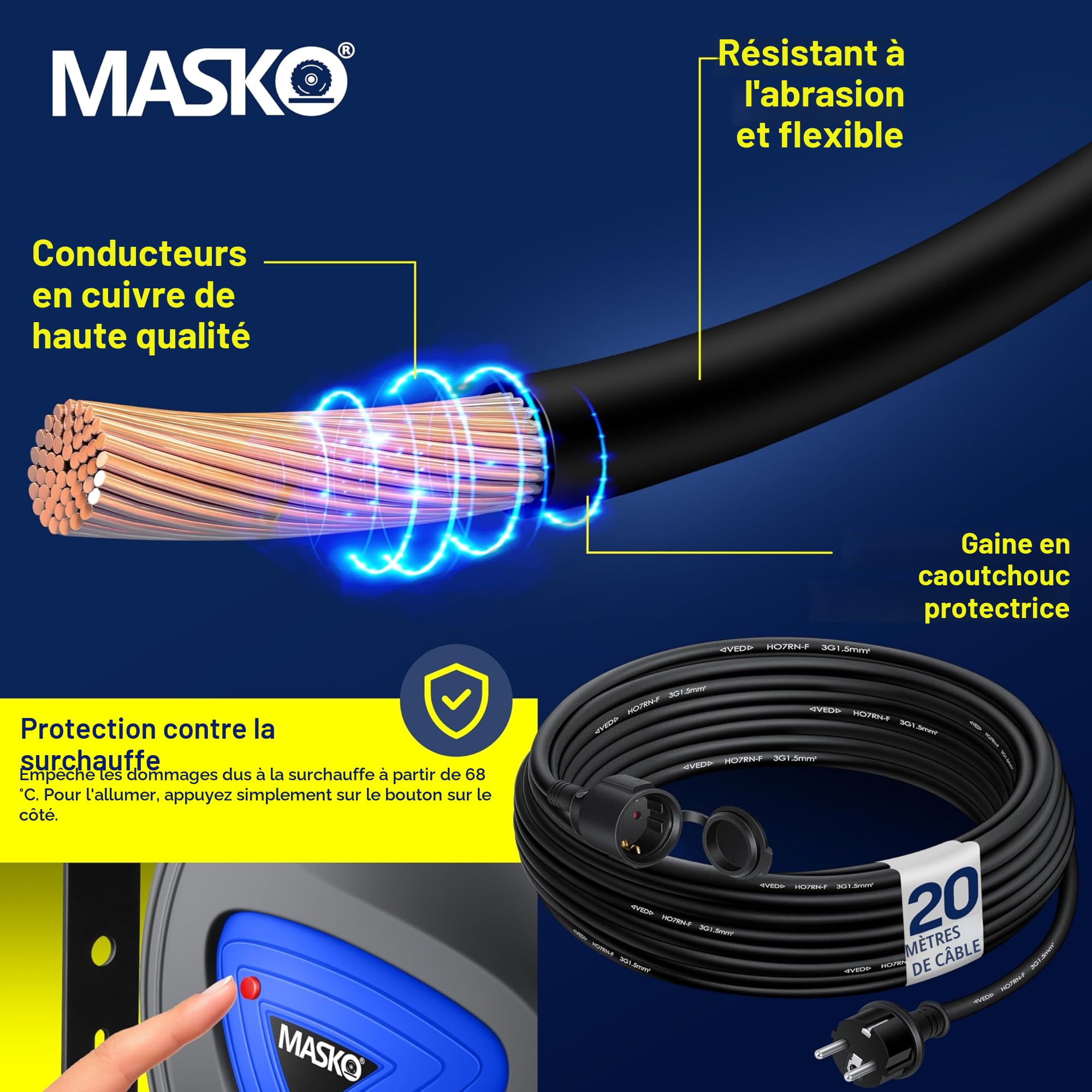 MASKO® Enrouleur de câble/tuyau automatique, 20 m, pour atelier, avec connecteur à 3 positions, rotatif à 180°, câble de 1,5 m, support mural, gants