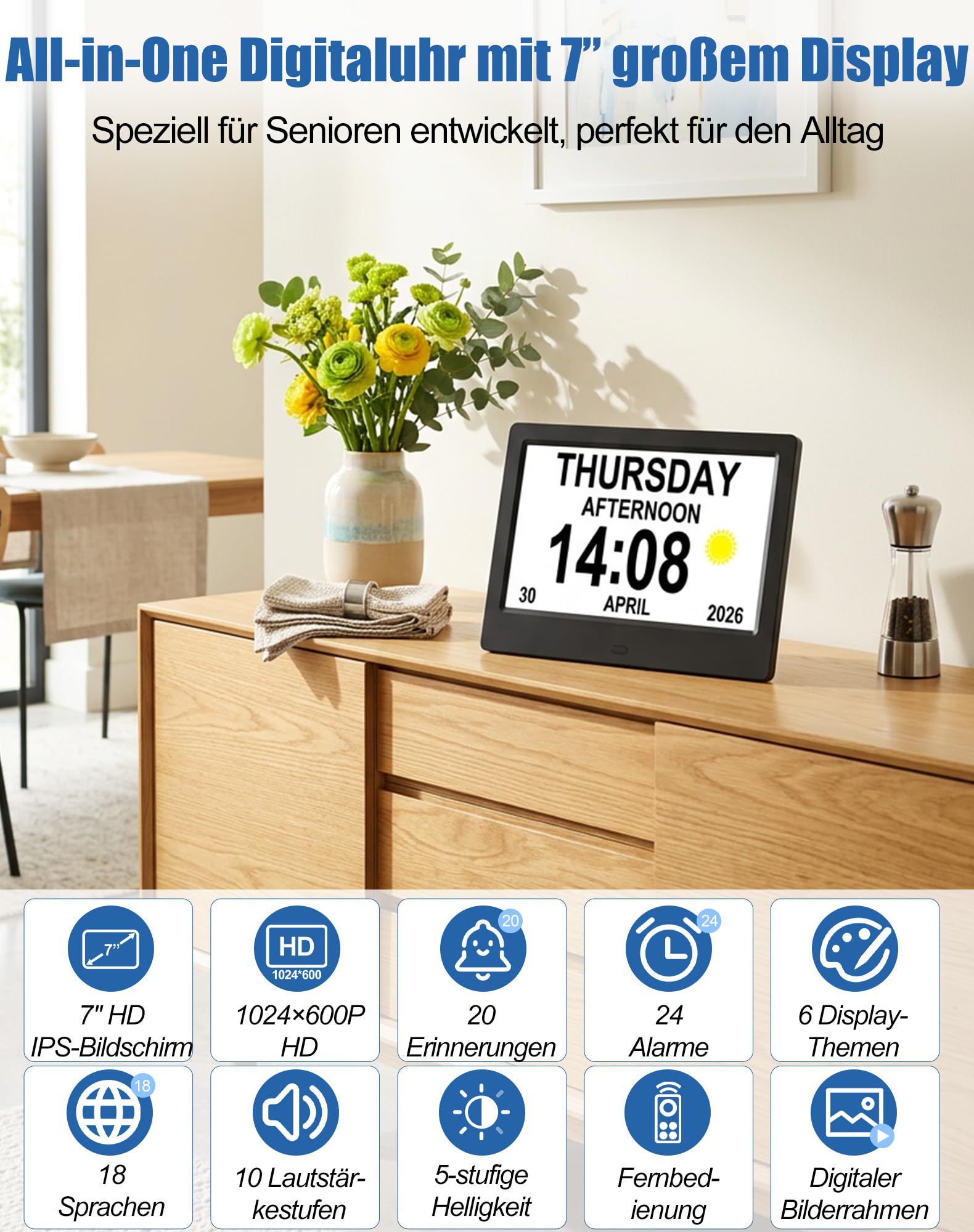 jely Digitaler Kalender mit Datum und Uhrzeit für Senioren, Wecker Digital 7 Zoll HD, 20 Erinnerungen, 24 Alarme, Fernbedienung, Digitaler Bilderrahmen, Tischuhr & Wanduhr – Schwarz