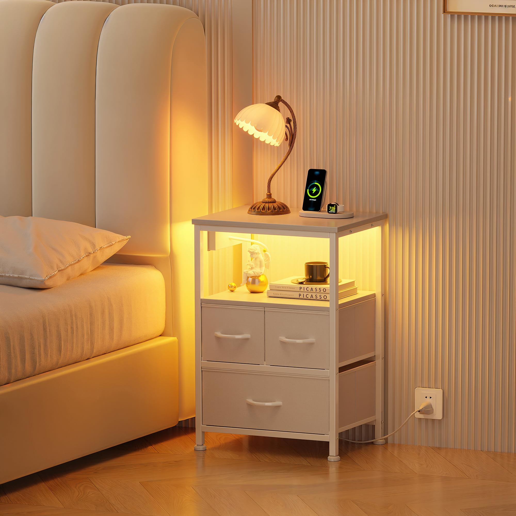 Flrrtenv Dresser for Bedroom, Night Stand with Charging Station and LED Light Strips, Nightstand with Drawers, Table de Chevet Blanche with 3 Drawers, Bedside Table for Bedroom, White - 2